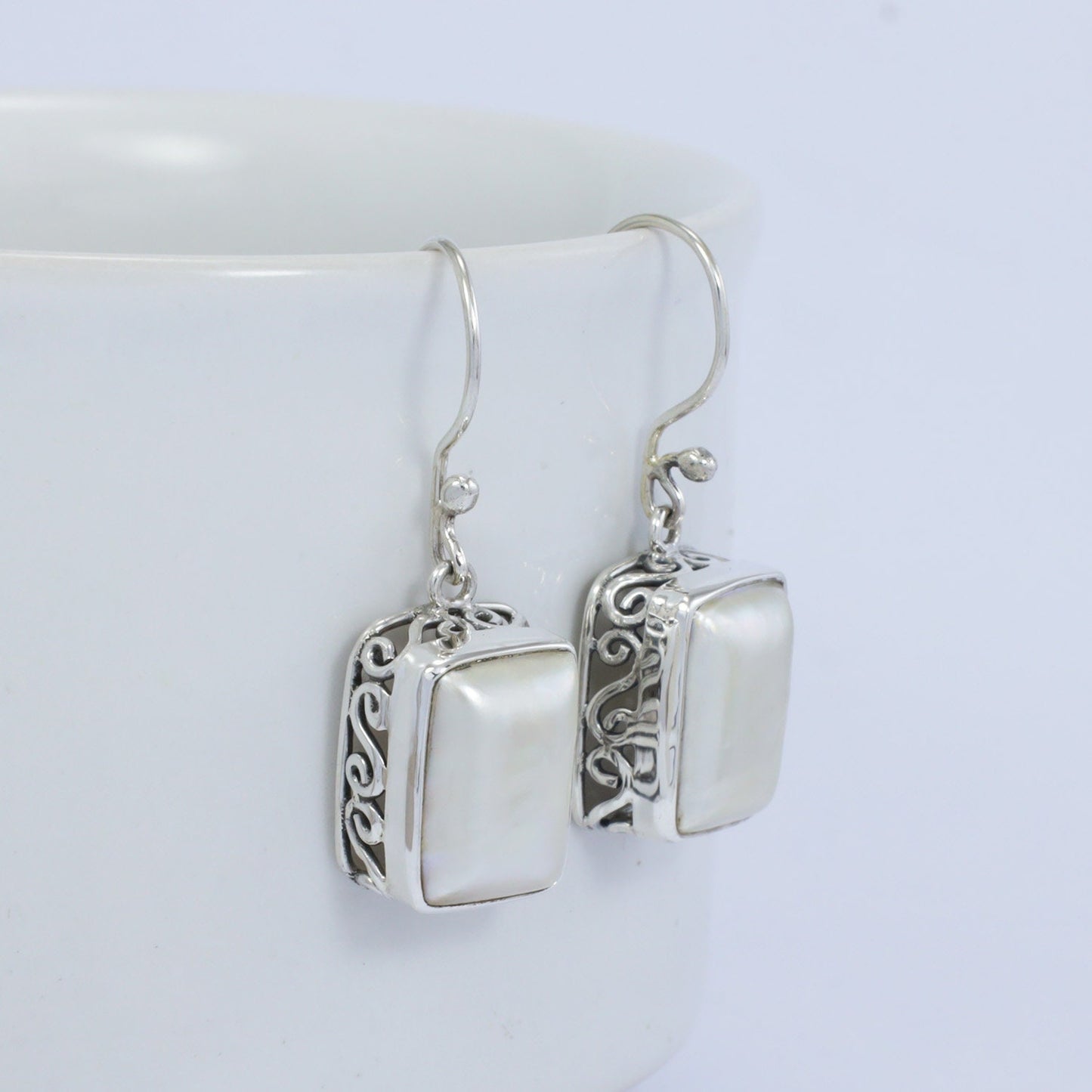 square pearl earrings dangle drop 925 sterling silver decorated with swirl filigree ornament