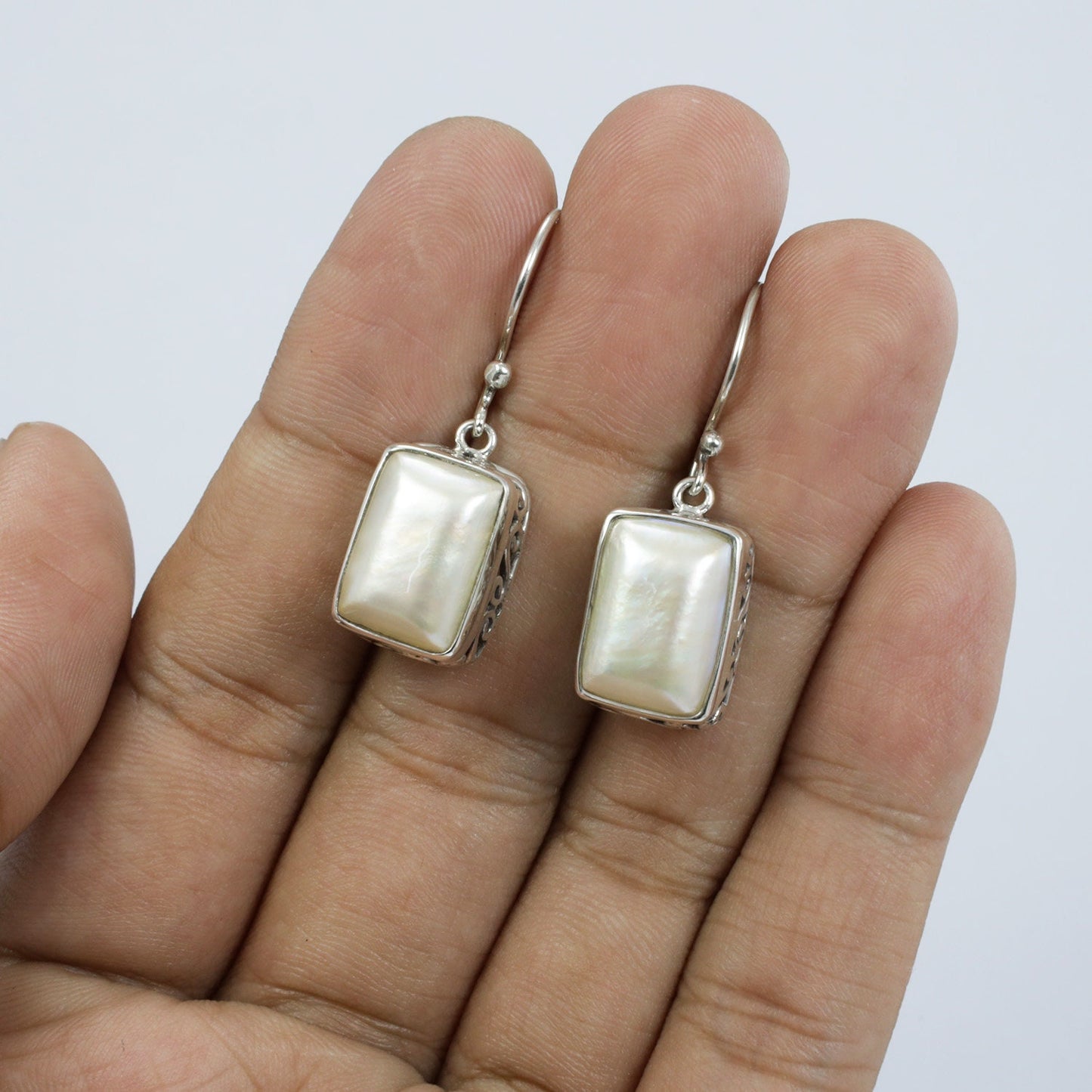 square pearl earrings dangle drop 925 sterling silver decorated with swirl filigree ornament