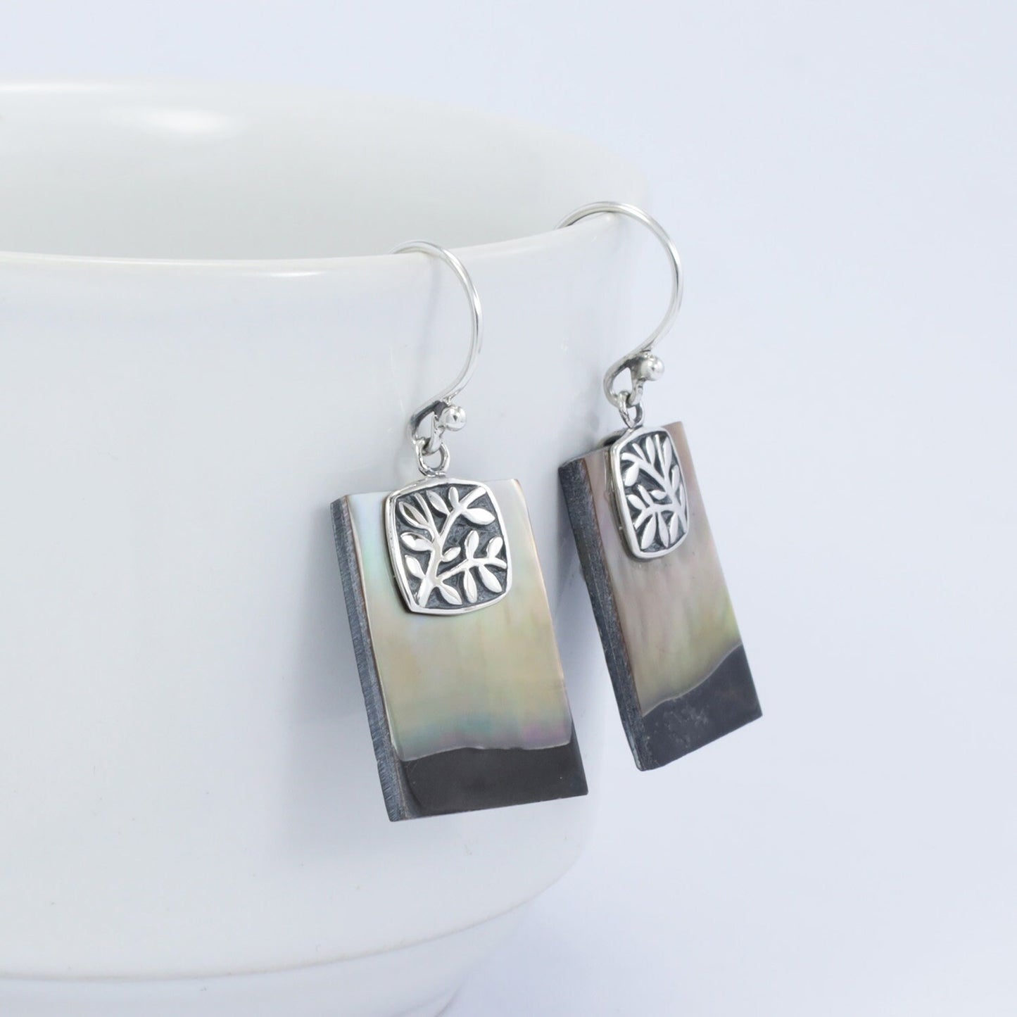 tree earrings 925 sterling silver with genuine black and brown shell