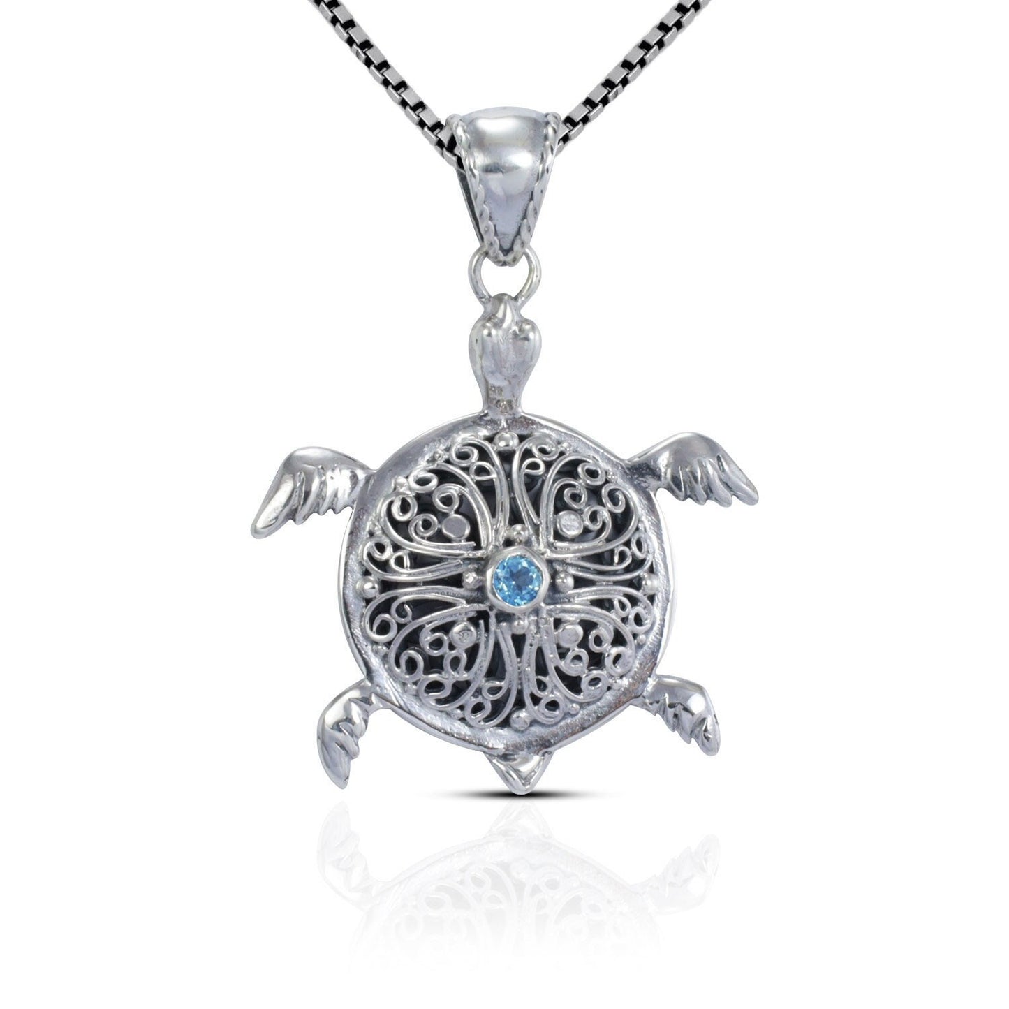 silver turtle pendant necklace decorated with openwork filigree and genuine blue topaz