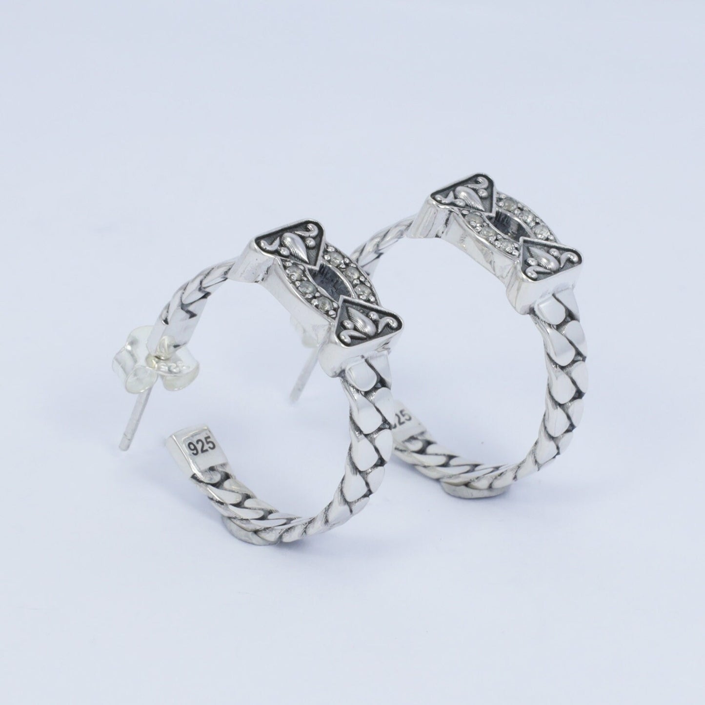 hoop earrings 925 sterling silver decorated with ornament art and white crystal stone