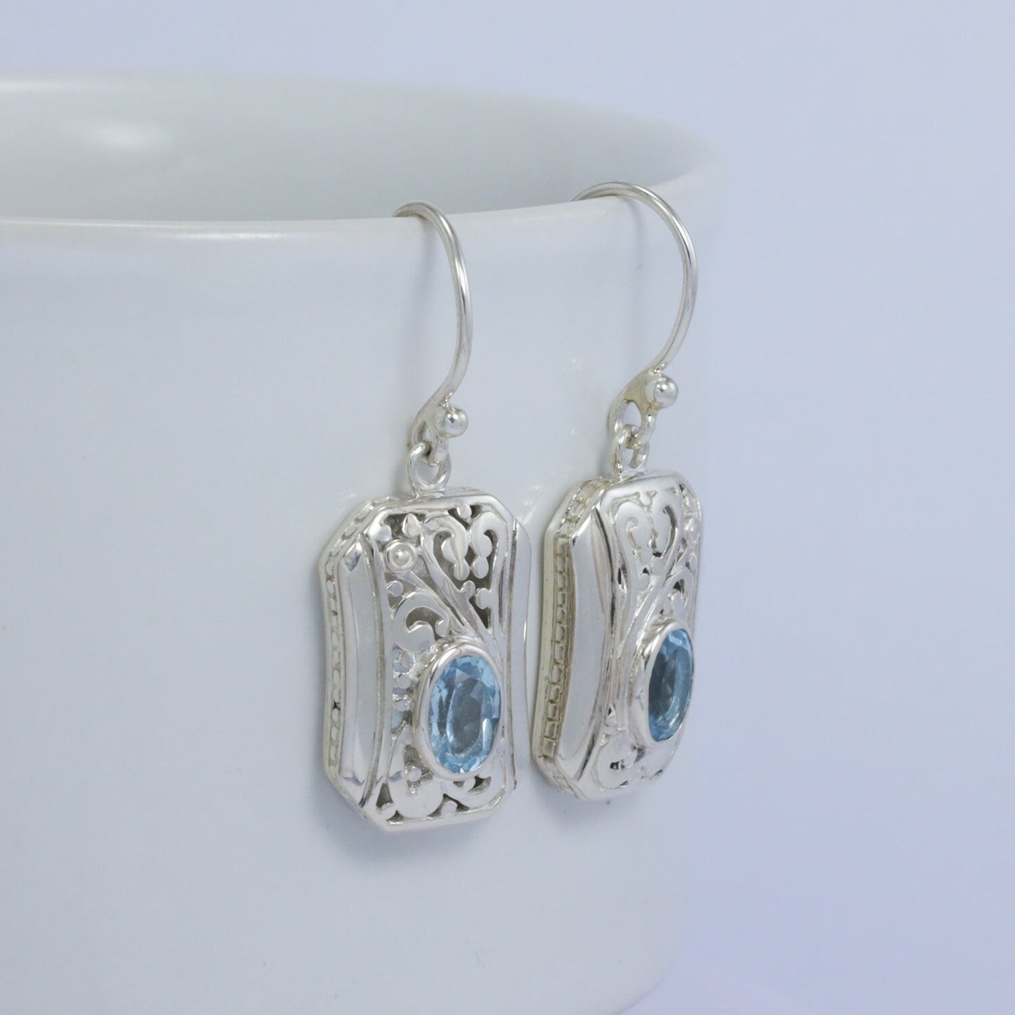 square earrings 925 sterling silver decorated with genuine blue topaz and open work filigree ornament