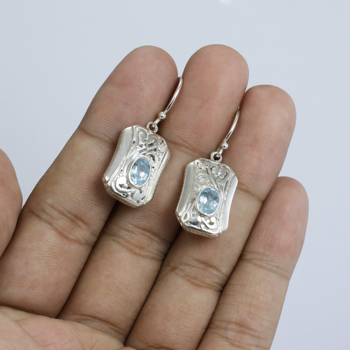 square earrings 925 sterling silver decorated with genuine blue topaz and open work filigree ornament