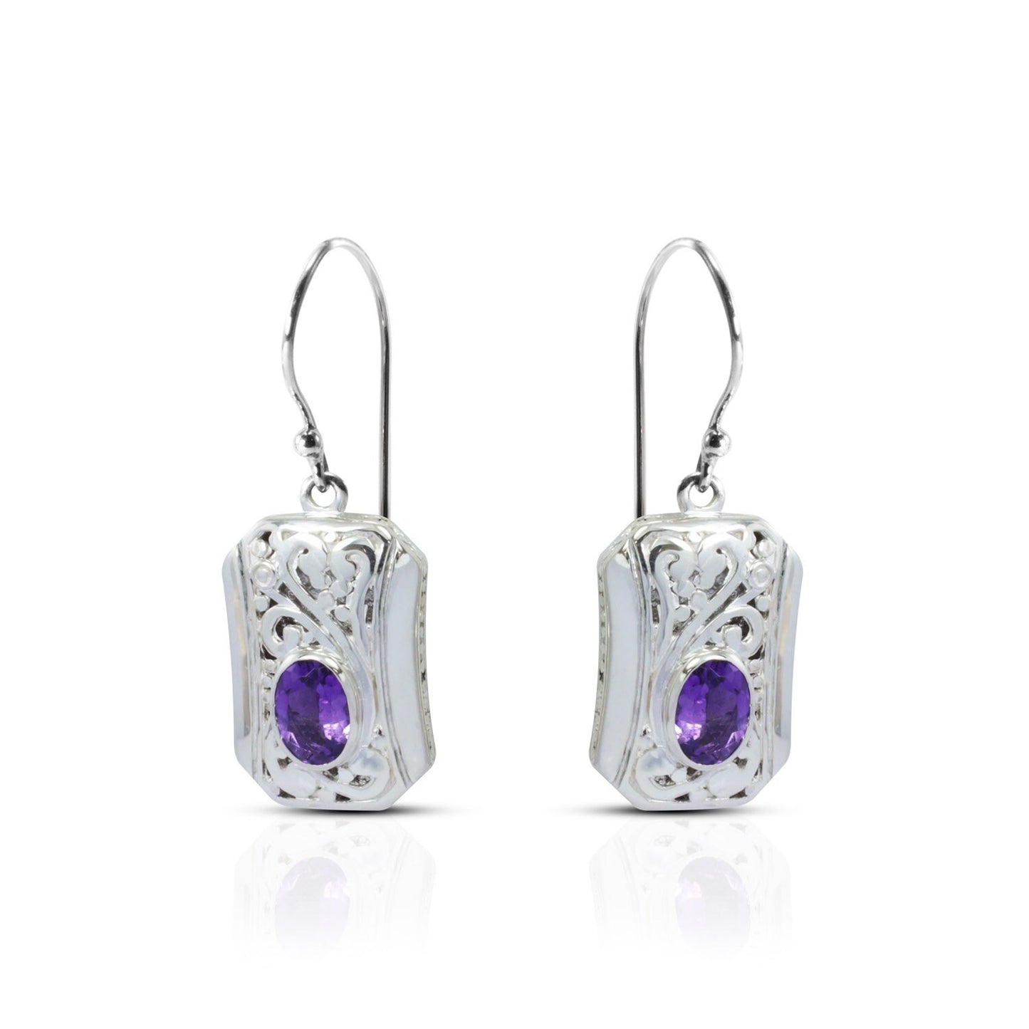 genuine amethyst earrings dangle 925 sterling silver decorated with open work filigree