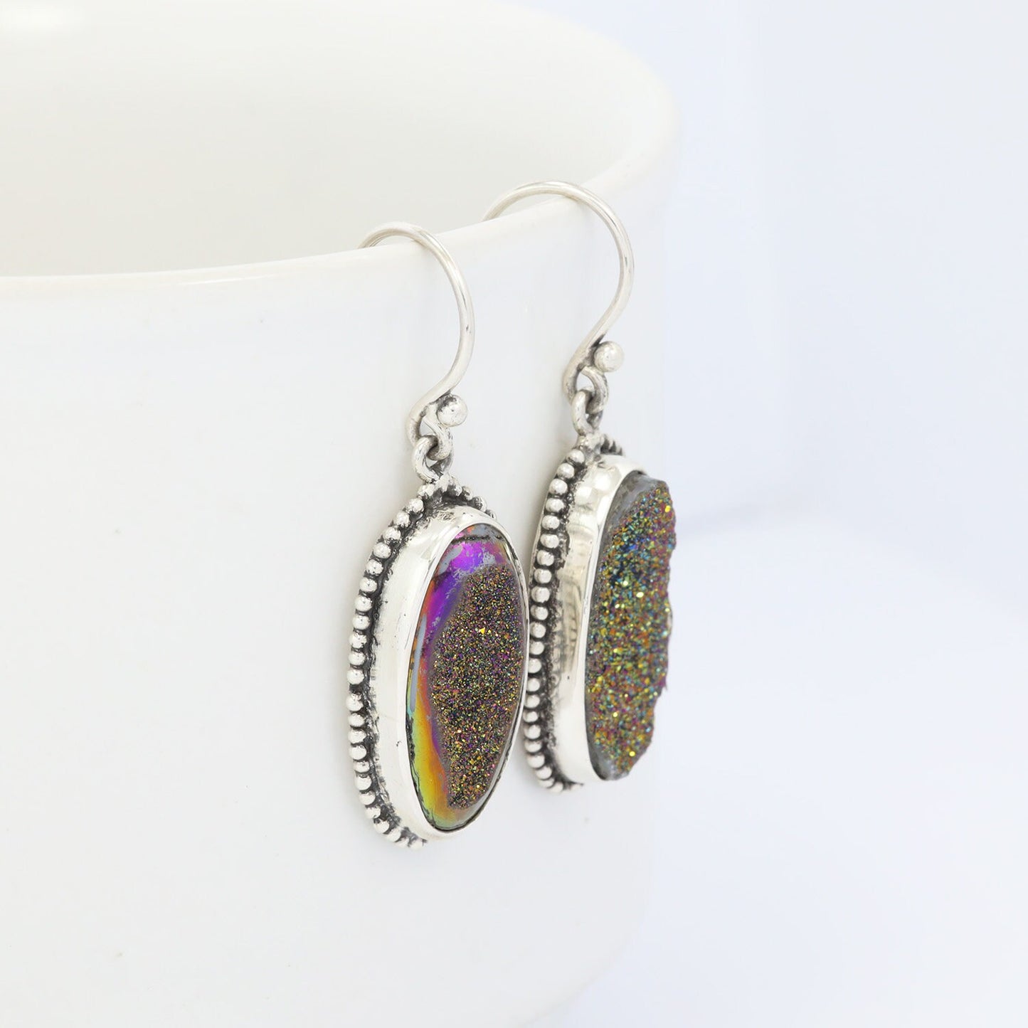 long oval earrings 925 sterling silver with genuine sparkling druzy agate decorated with dot edge ornament