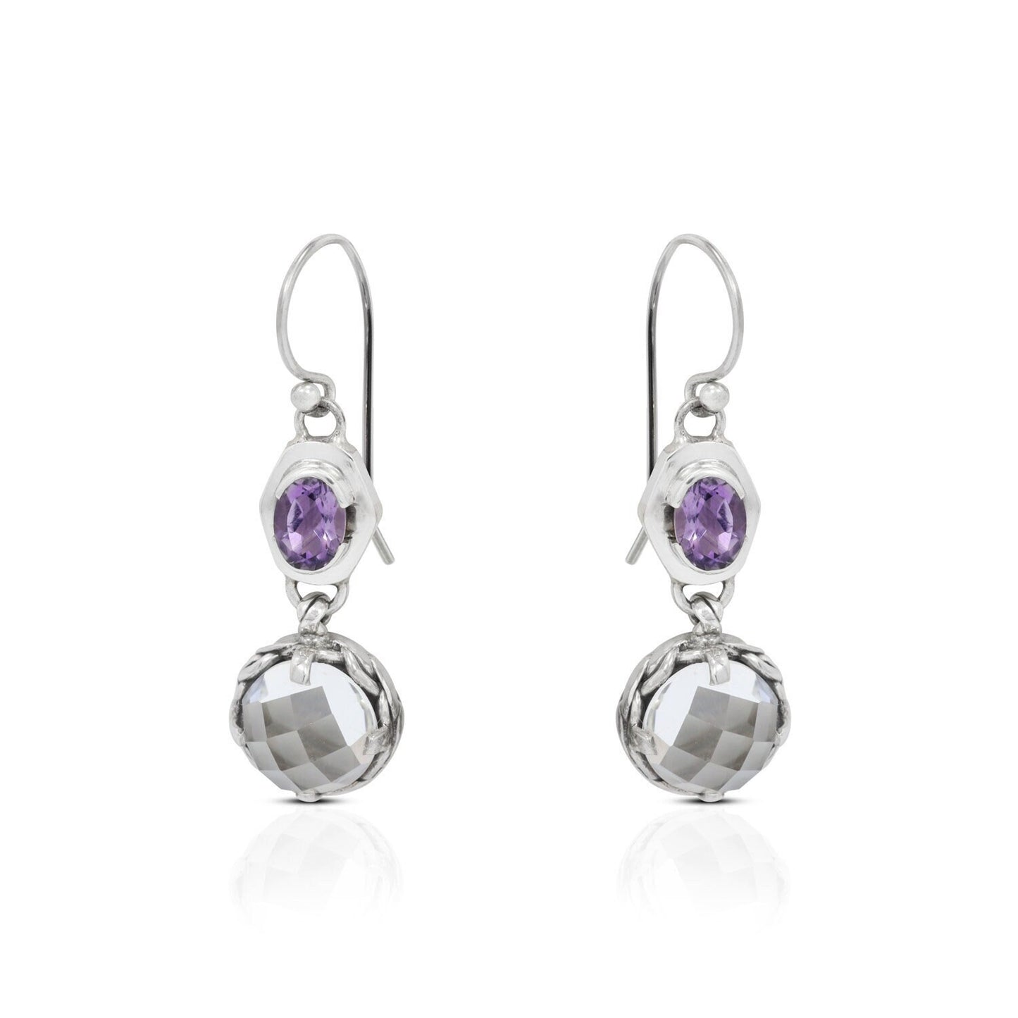 two stone earrings dangle 925 sterling silver with genuine amethyst and crystal clear decorated with woven ornament