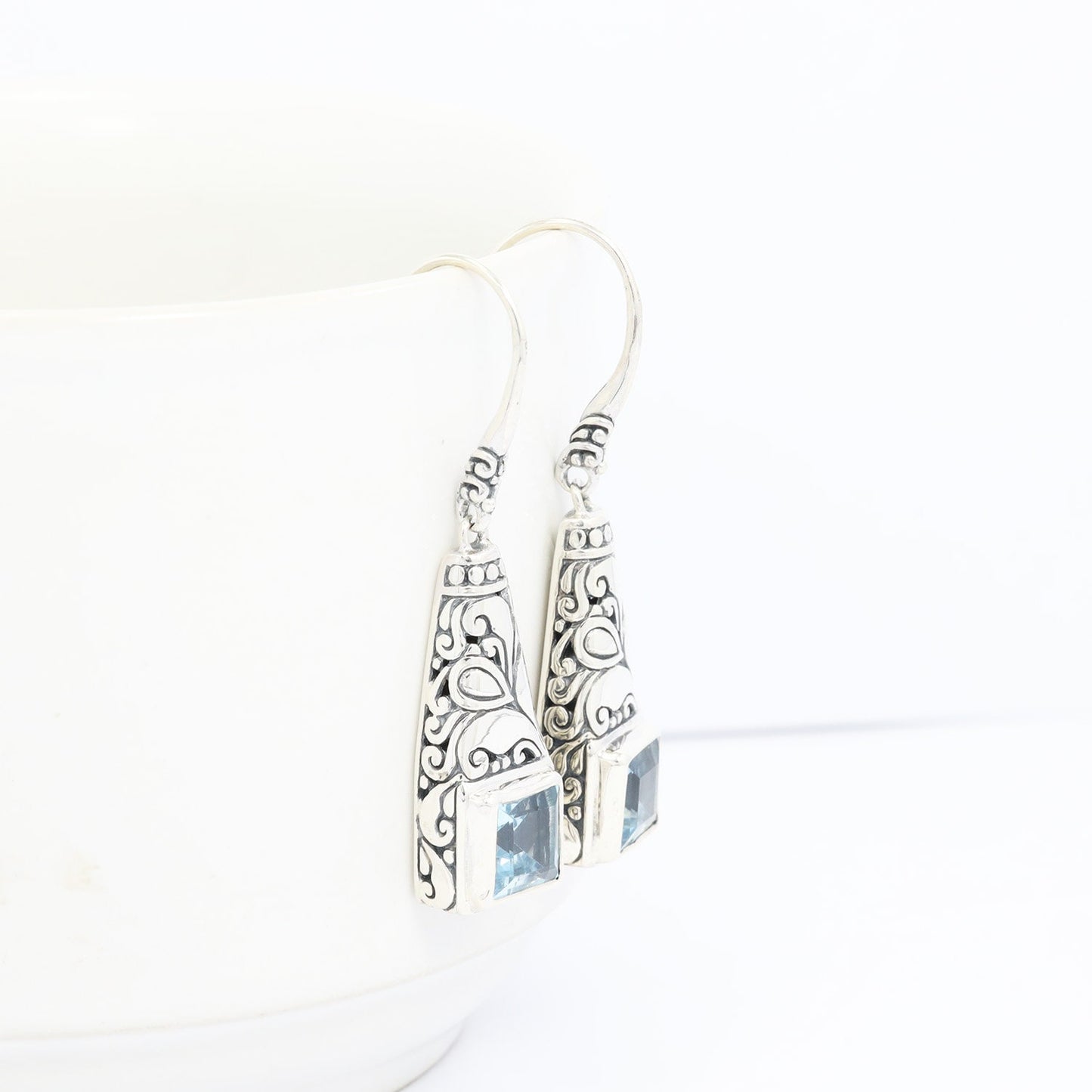 drop earrings 925 sterling silver with genuine square blue topaz decorated with Bali legacy ornament