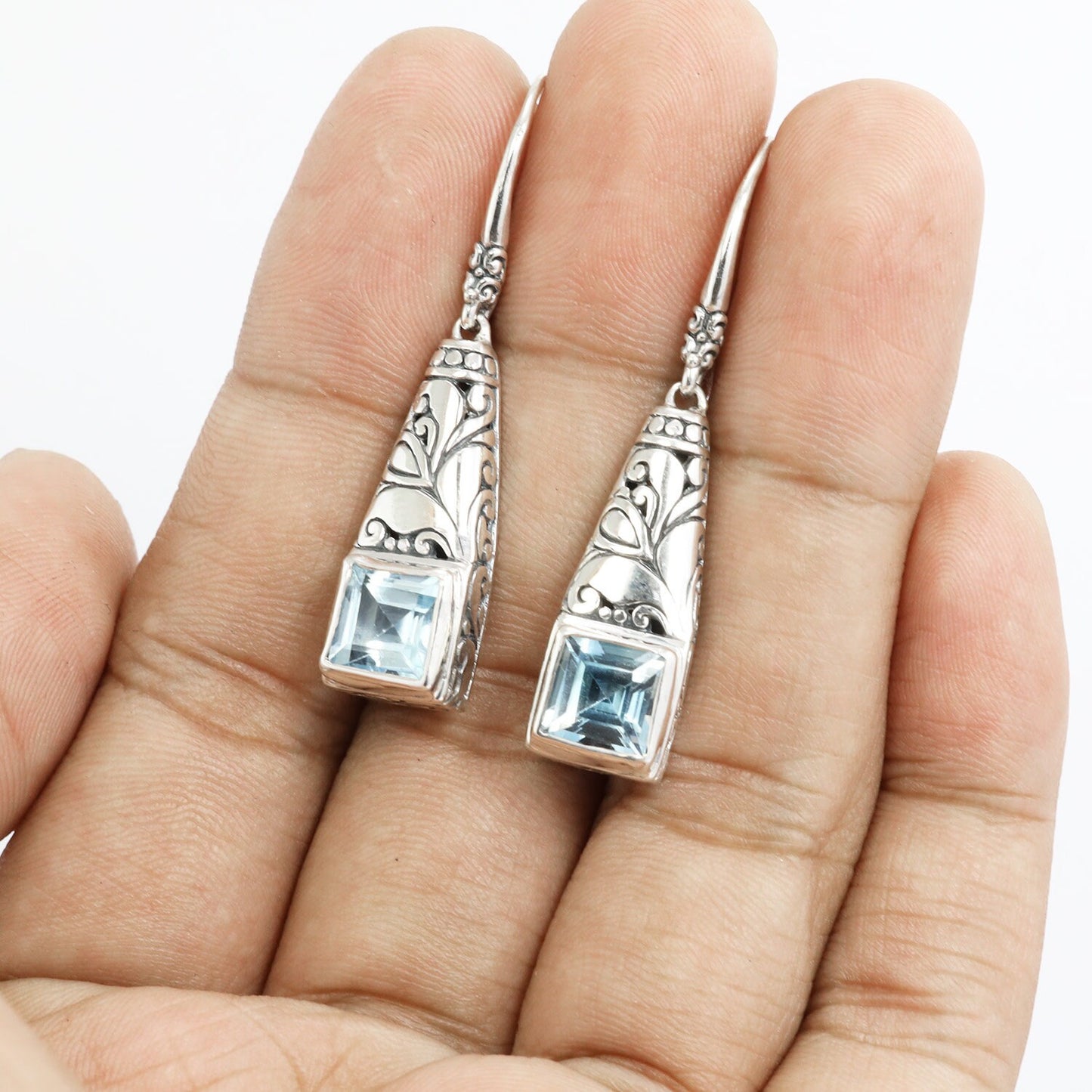 drop earrings 925 sterling silver with genuine square blue topaz decorated with Bali legacy ornament