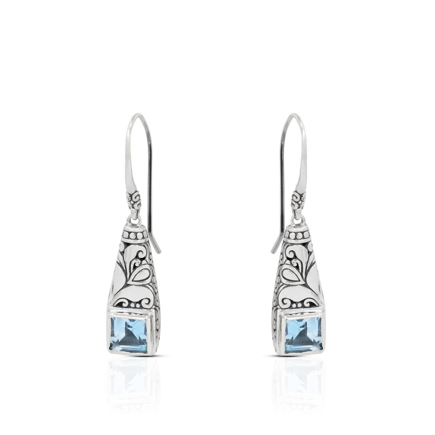 drop earrings 925 sterling silver with genuine square blue topaz decorated with Bali legacy ornament