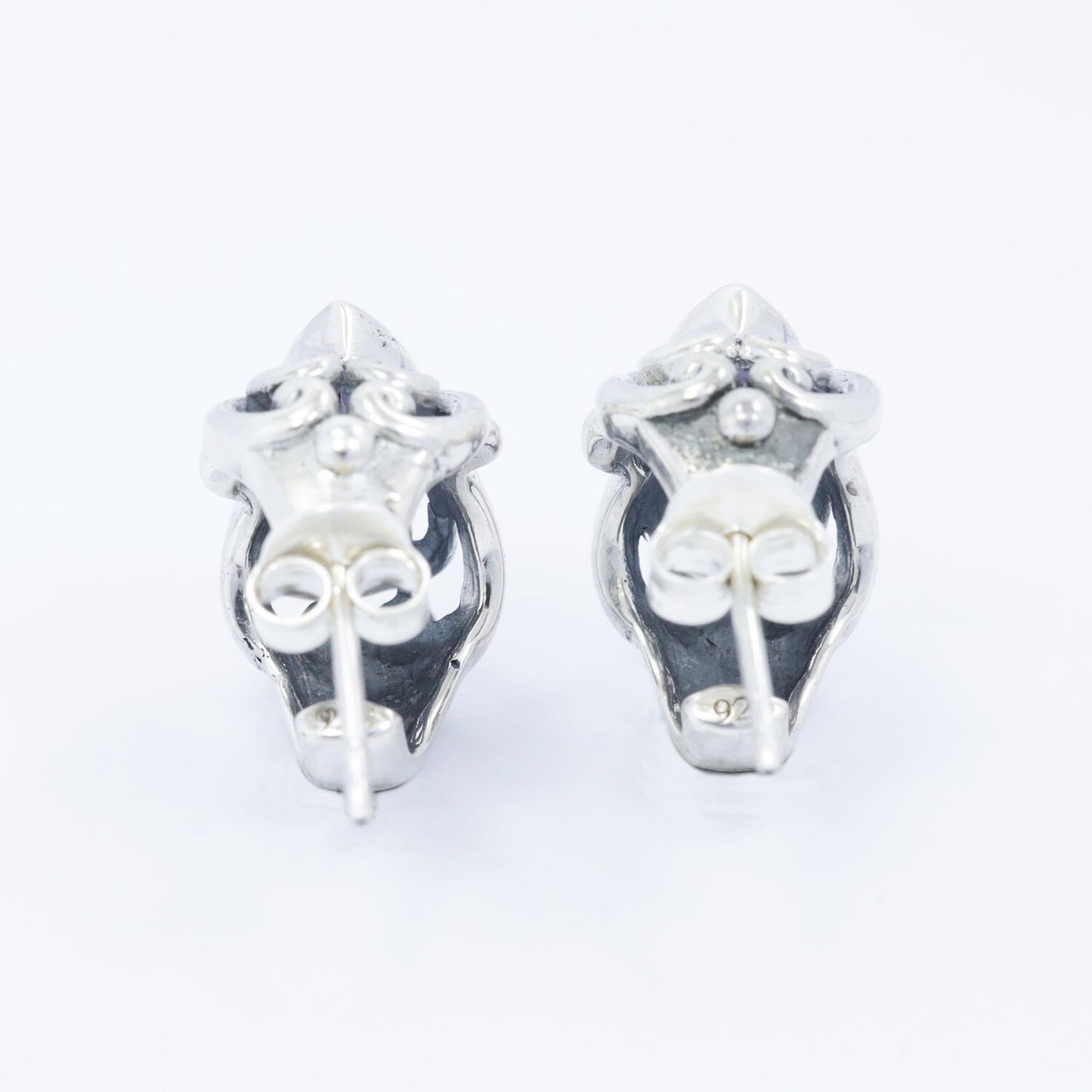 925 sterling silver huggie earrings hoop with genuine amethyst zirconia and swirl filigree ornament