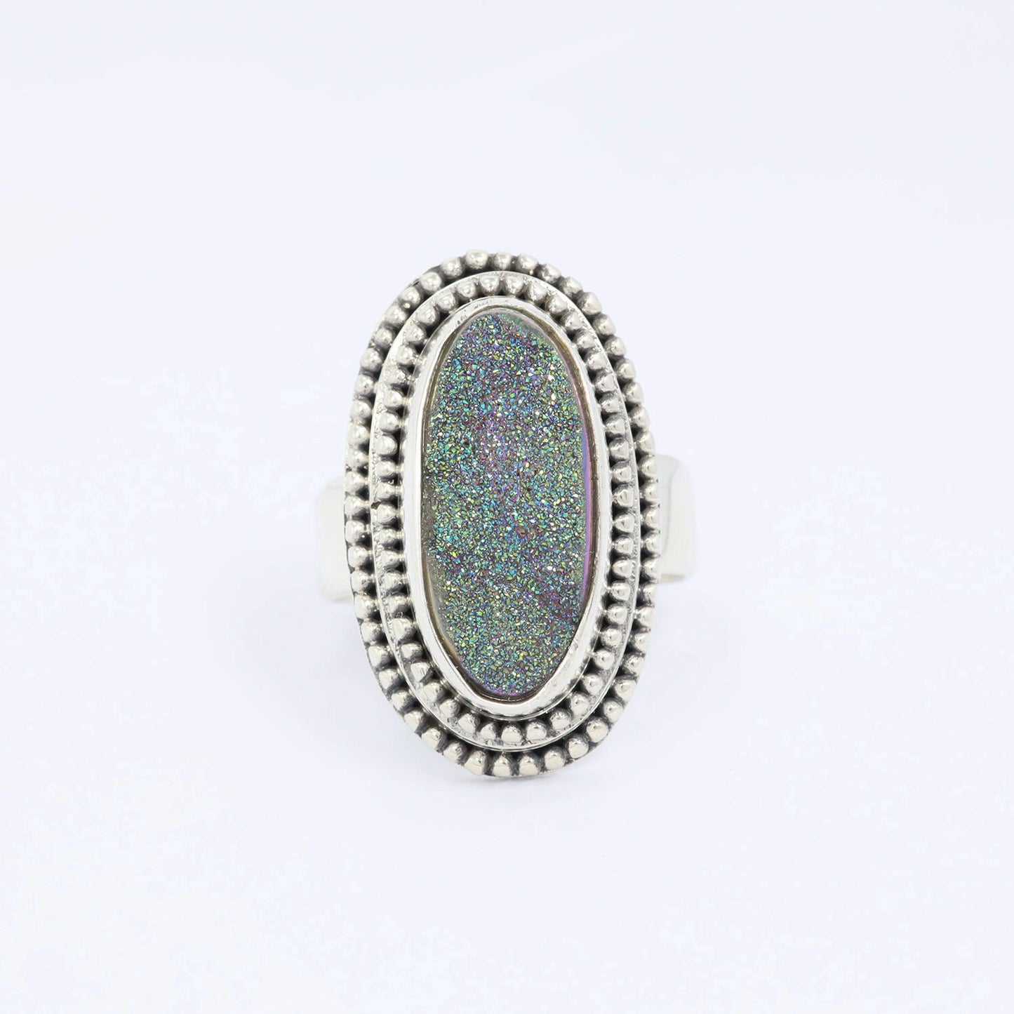 long oval ring 925 sterling silver with genuine sparkling druzy agate