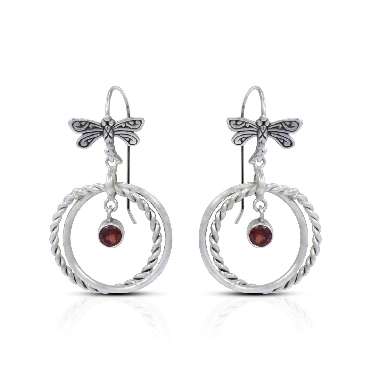 circle earrings 925 sterling silver with genuine garnet and dragonfly hoop