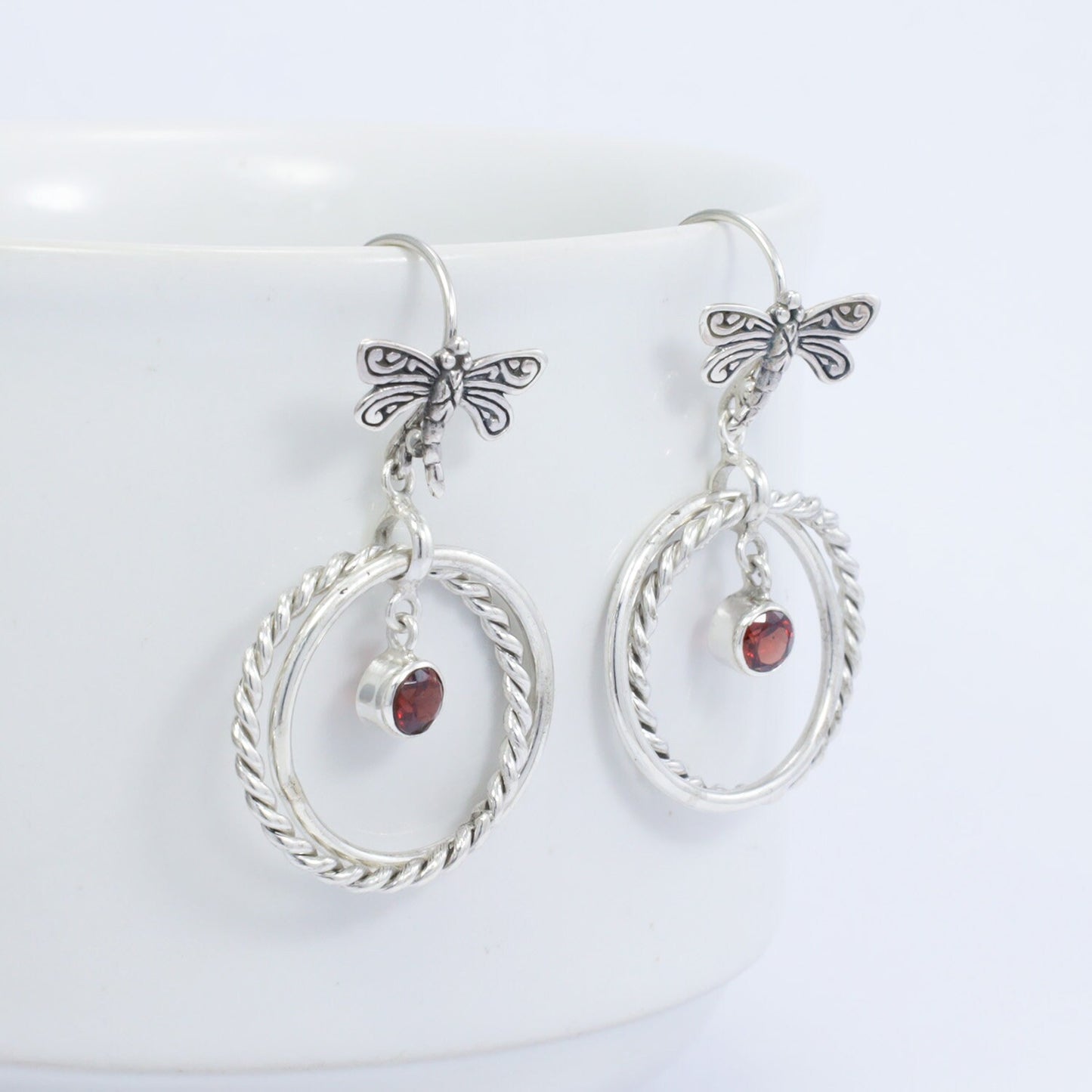 circle earrings 925 sterling silver with genuine garnet and dragonfly hoop