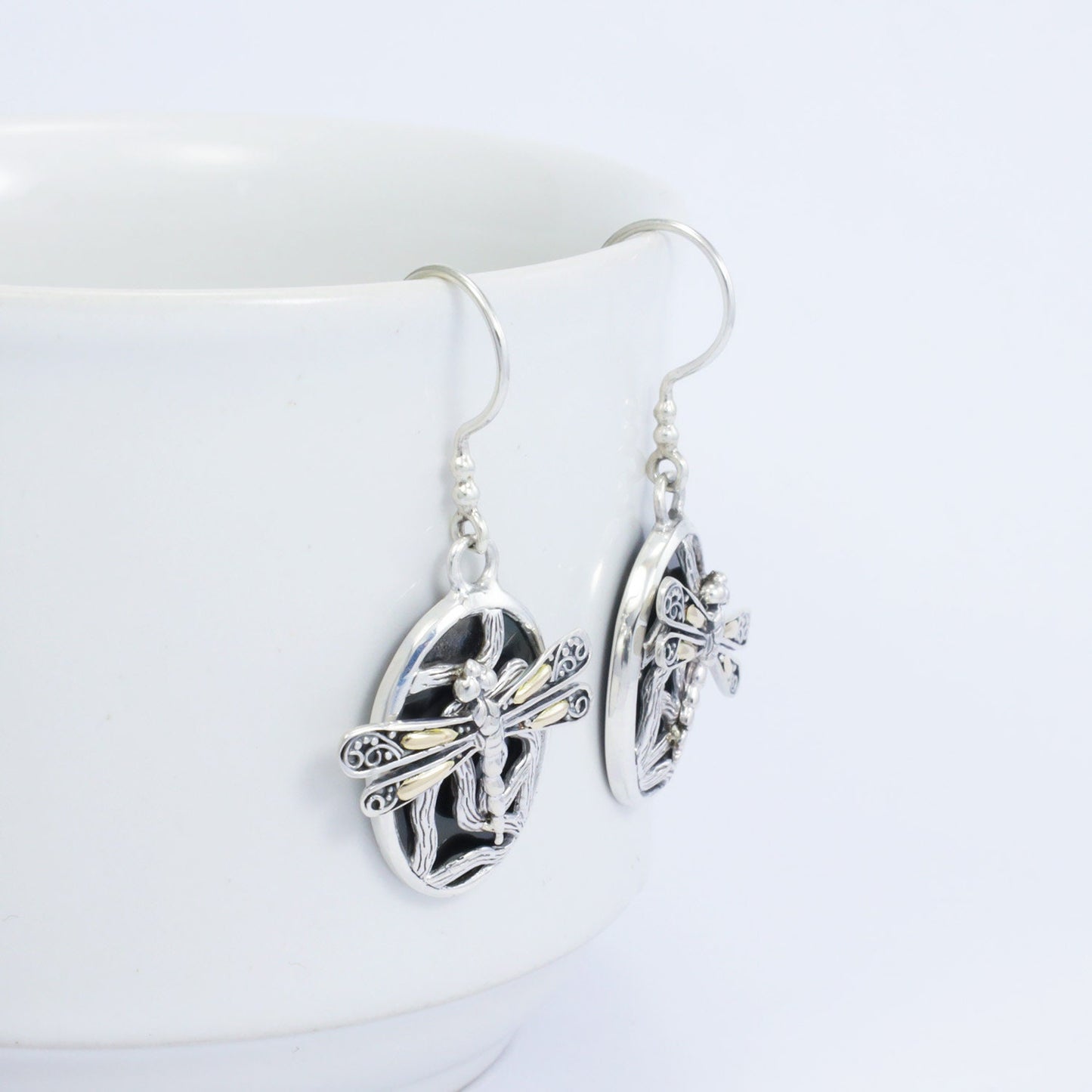 dragonfly earrings 925 sterling silver and 18k yellow gold with genuine black shell