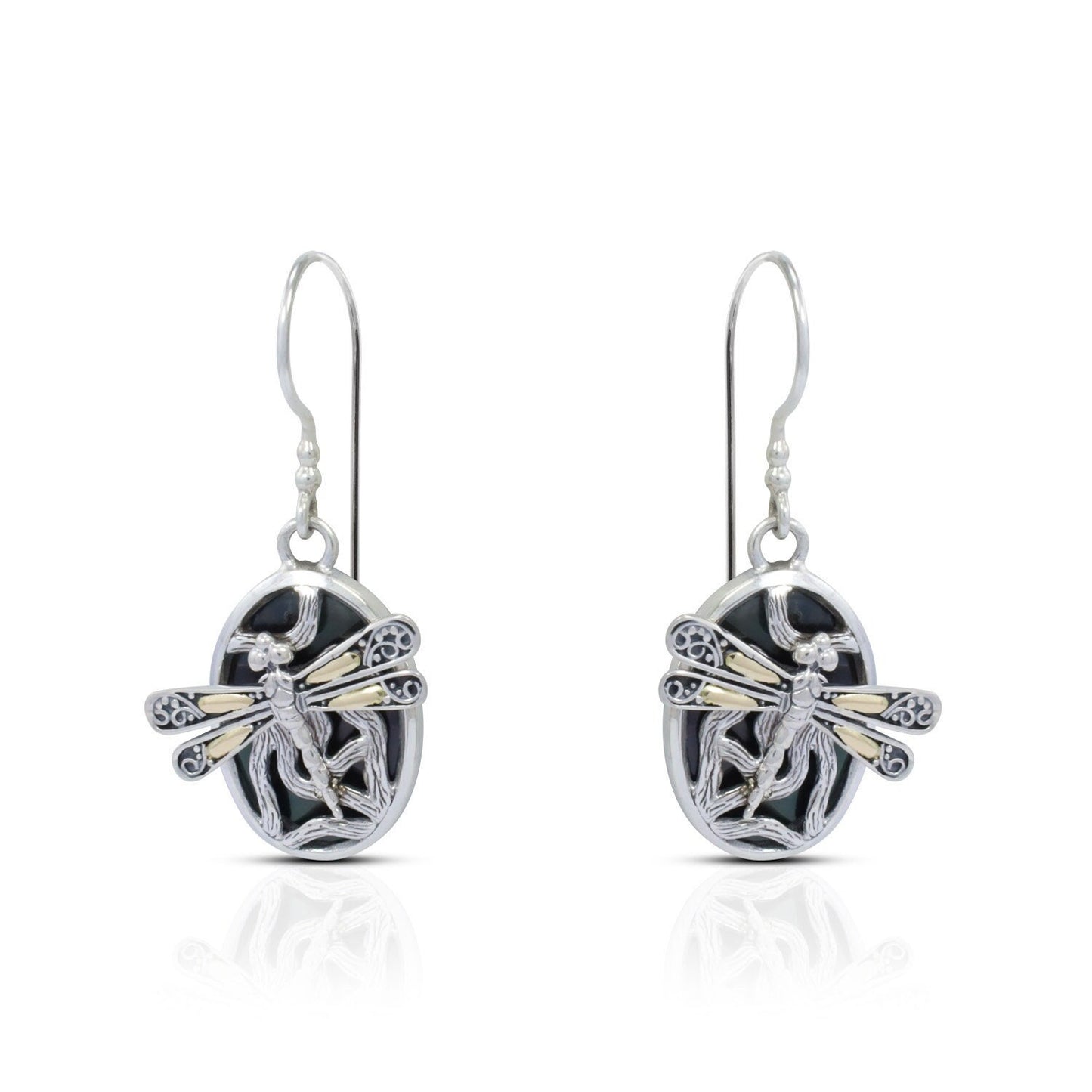 dragonfly earrings 925 sterling silver and 18k yellow gold with genuine black shell