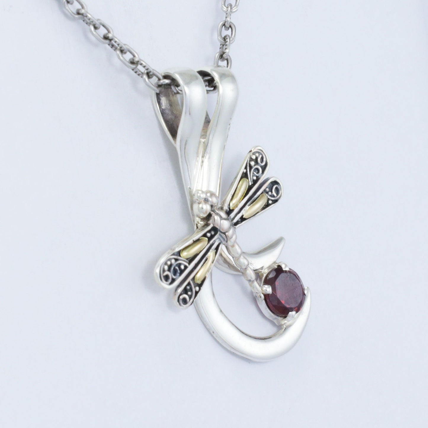 dragonfly pendant necklace 925 sterling silver and 18K yellow gold with genuine red garnet