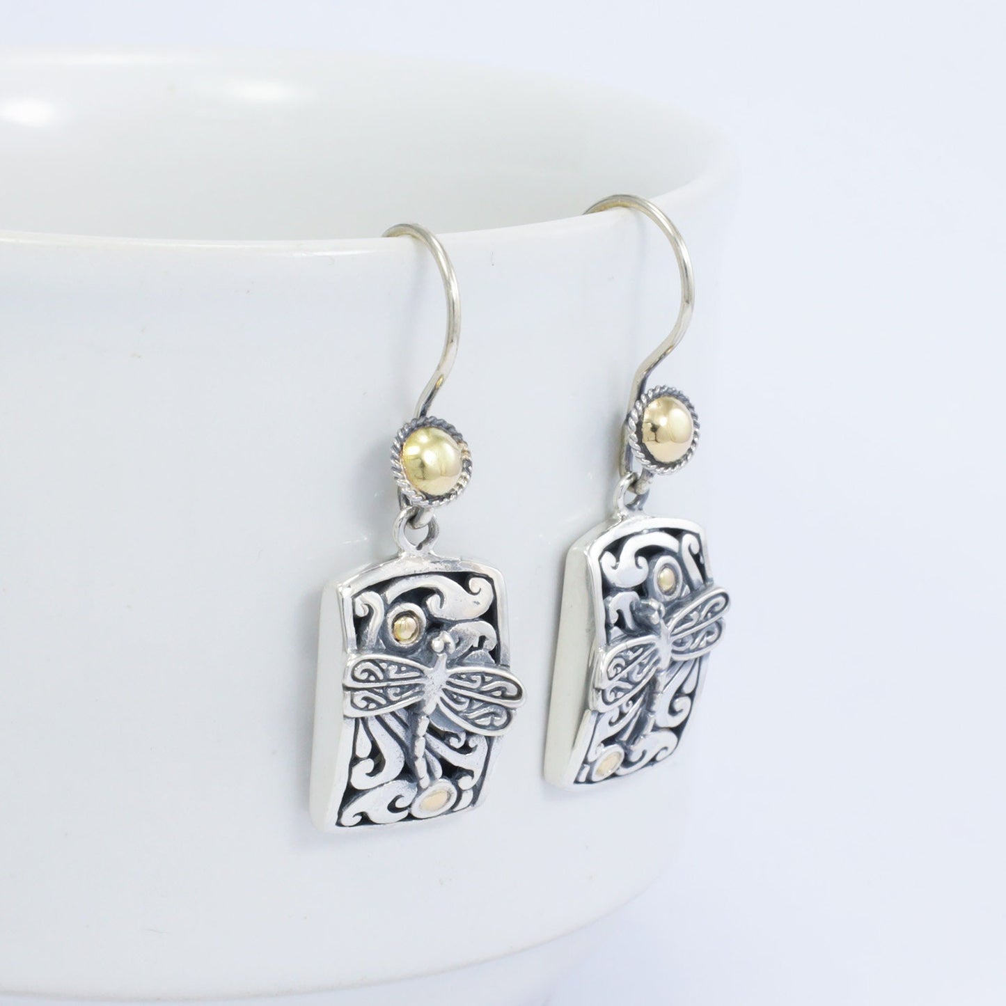 Square earrings dangle 925 sterling silver decorated with 18K yellow gold, dragonfly ornament and open work filigree