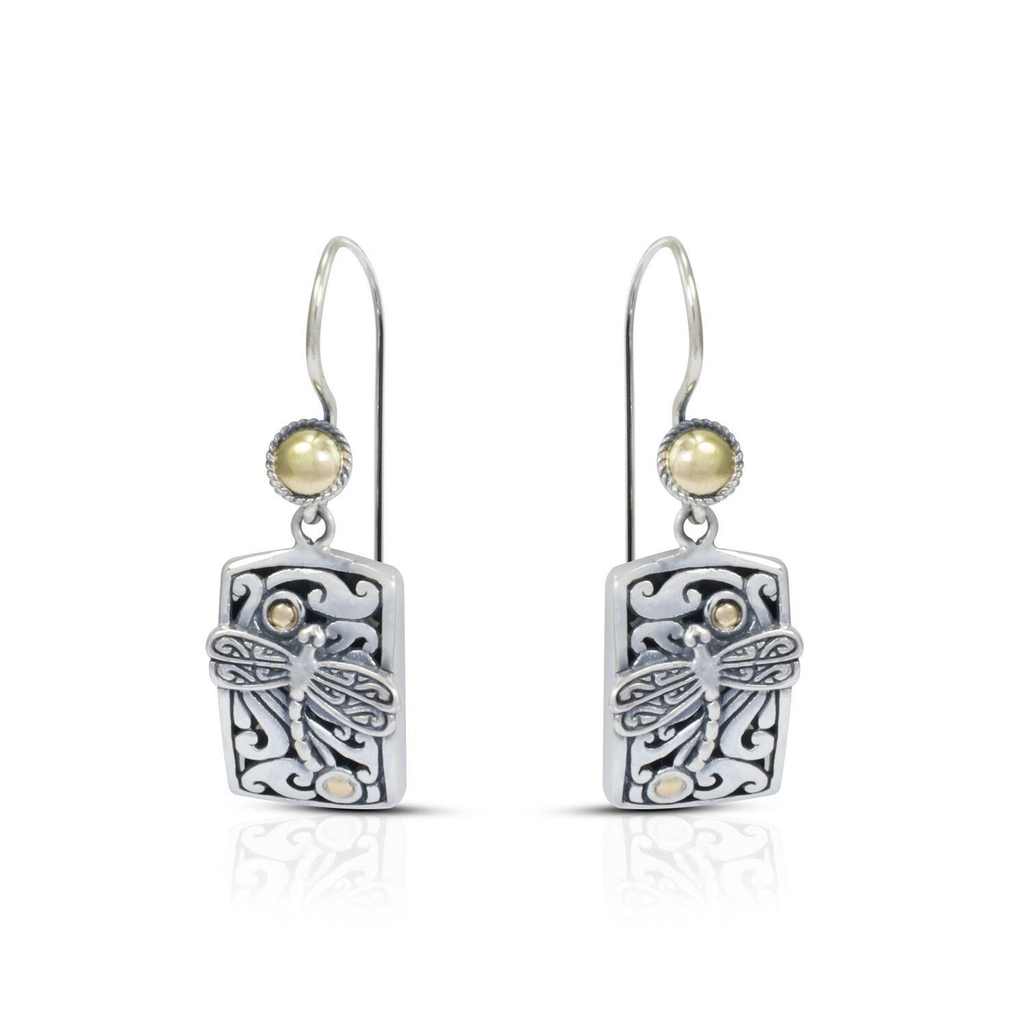 Square earrings dangle 925 sterling silver decorated with 18K yellow gold, dragonfly ornament and open work filigree