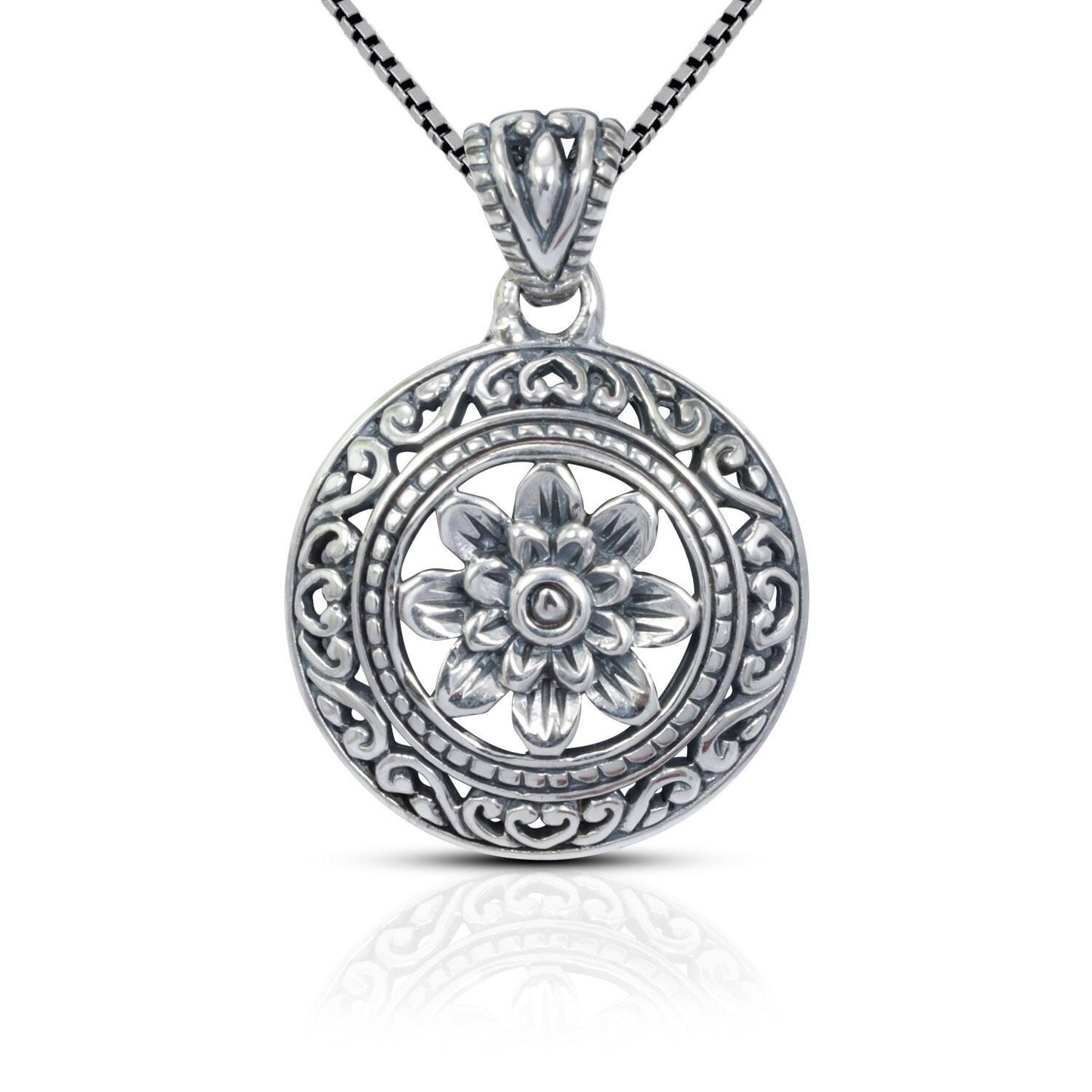 silver lotus flower pendant 925 sterling decorated with swirl filigree ornament and antique finishing