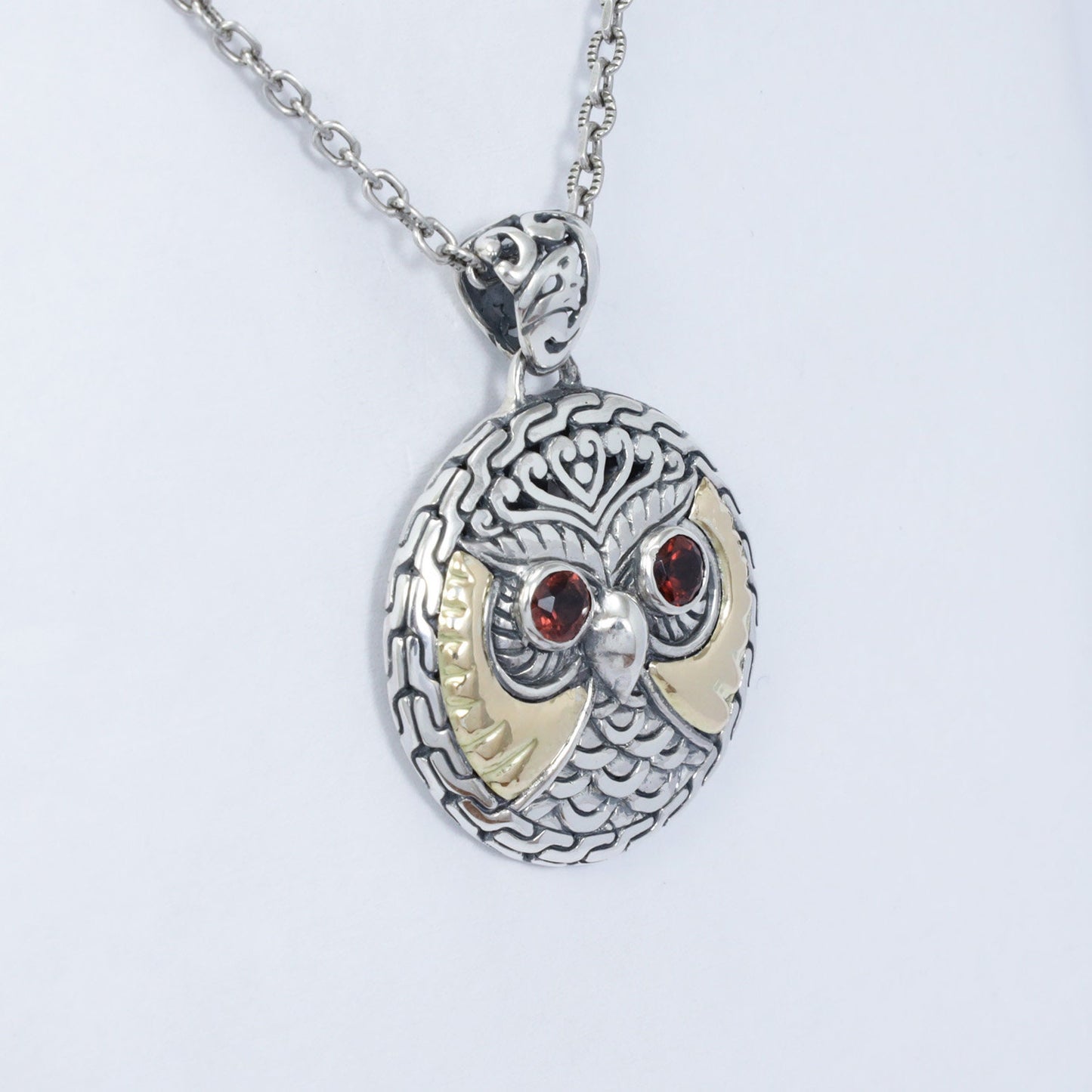 owl pendant silver 925 sterling decorated with 18K yellow gold and genuine red garnet