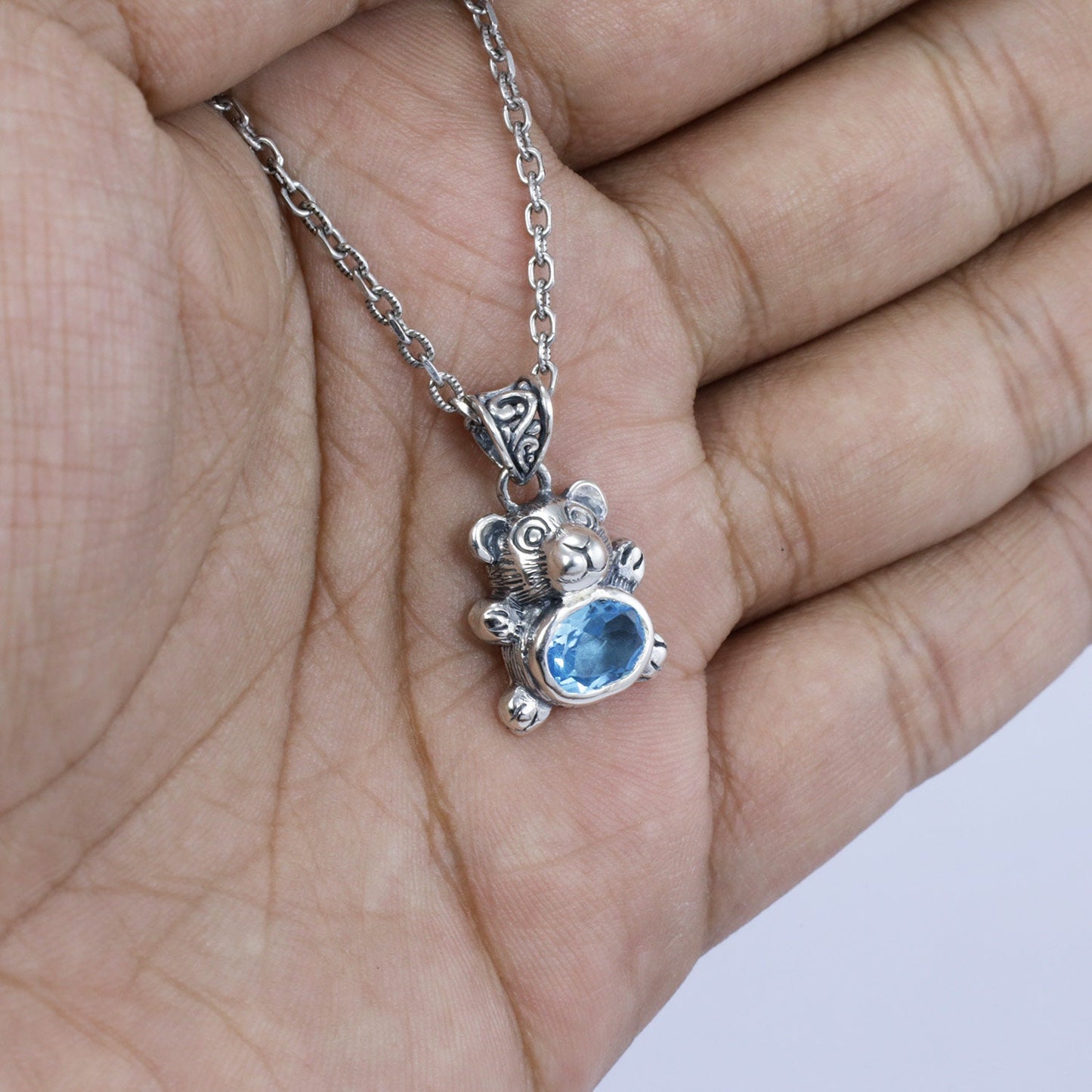 bear pendant 925 sterling silver with genuine blue topaz with antique finishing