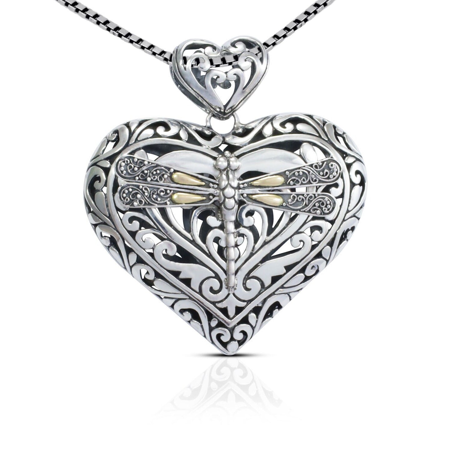 heart shape pendant necklace 925 sterling silver with beautiful ornament art and 18 K yellow gold dragonfly