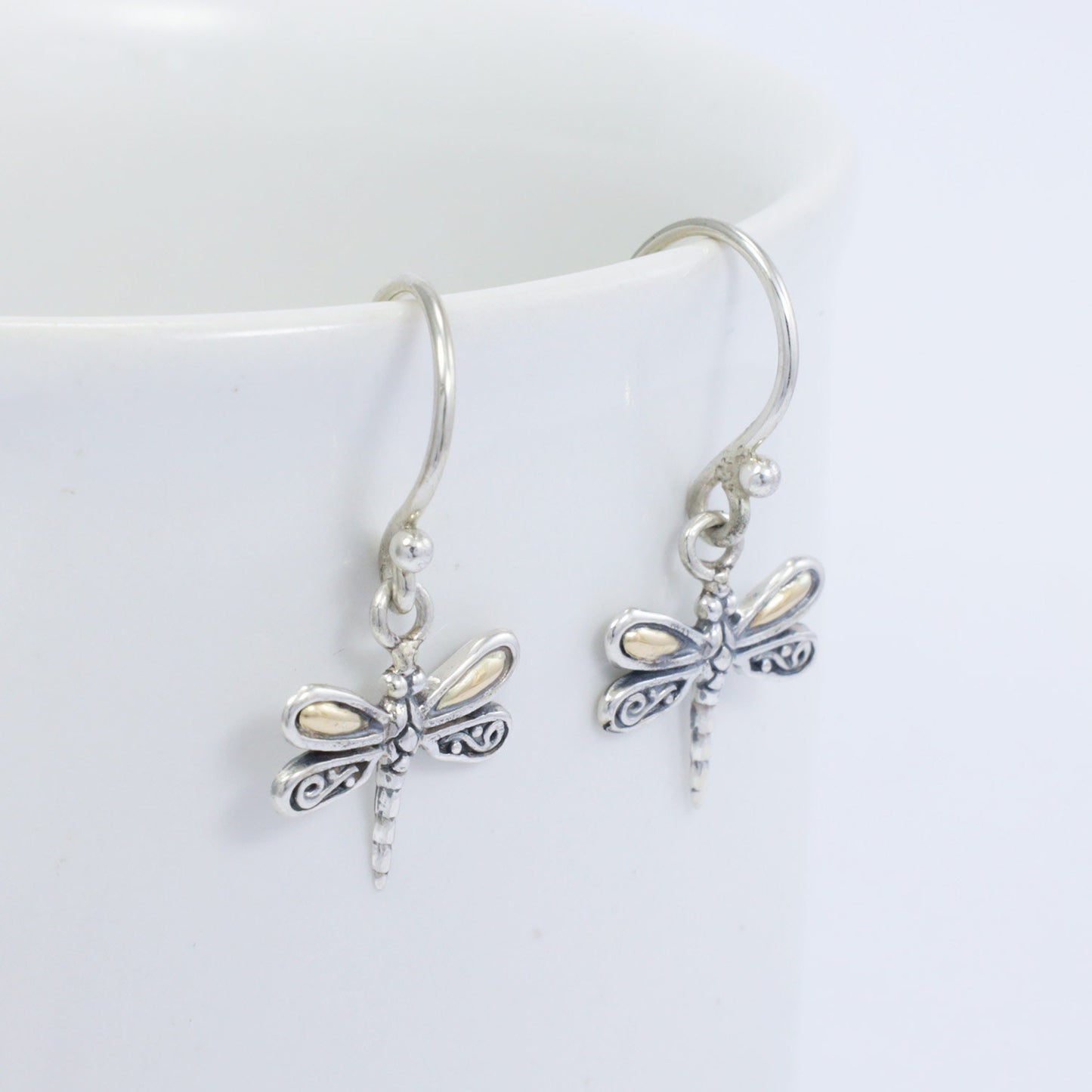 cute dragonfly earrings 925 sterling silver with 18K yellow gold and detailed filigree