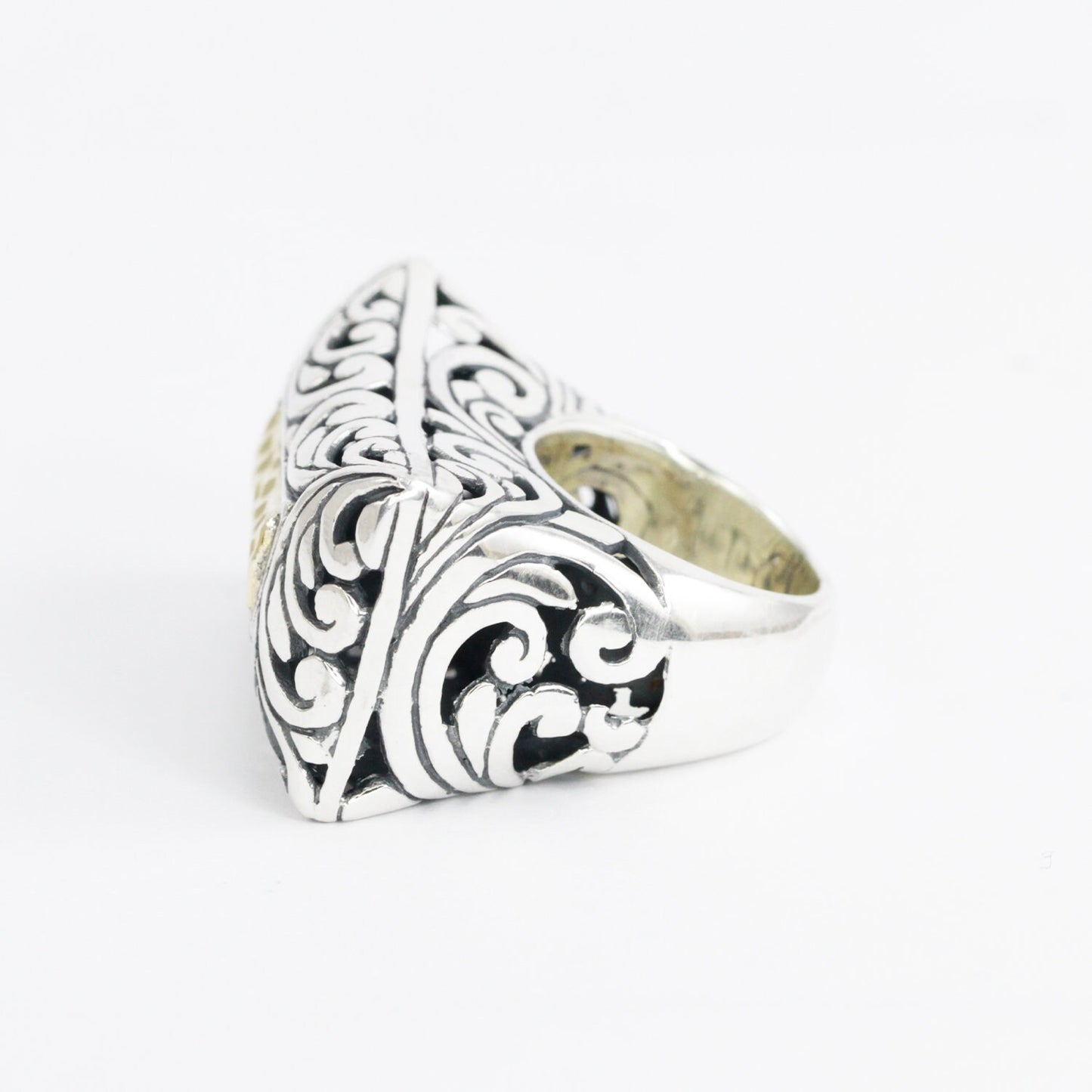 large ring 925 sterling silver with 18K yellow and exotic filigree ornament