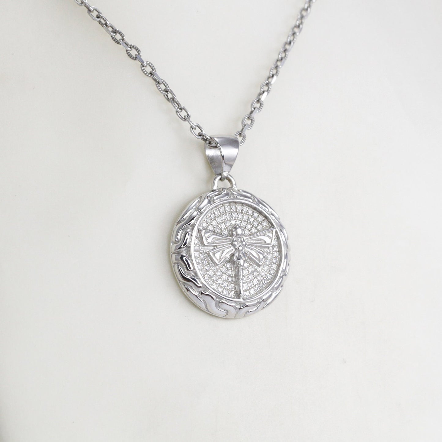 dragonfly medallion pendant 925 sterling silver with genuine white crystal