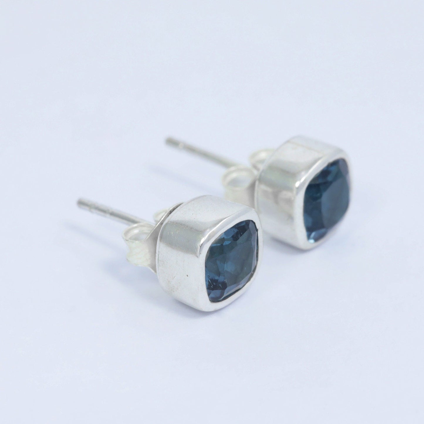 genuine London blue topaz earrings stud 6 mm square bezel set 925 sterling silver