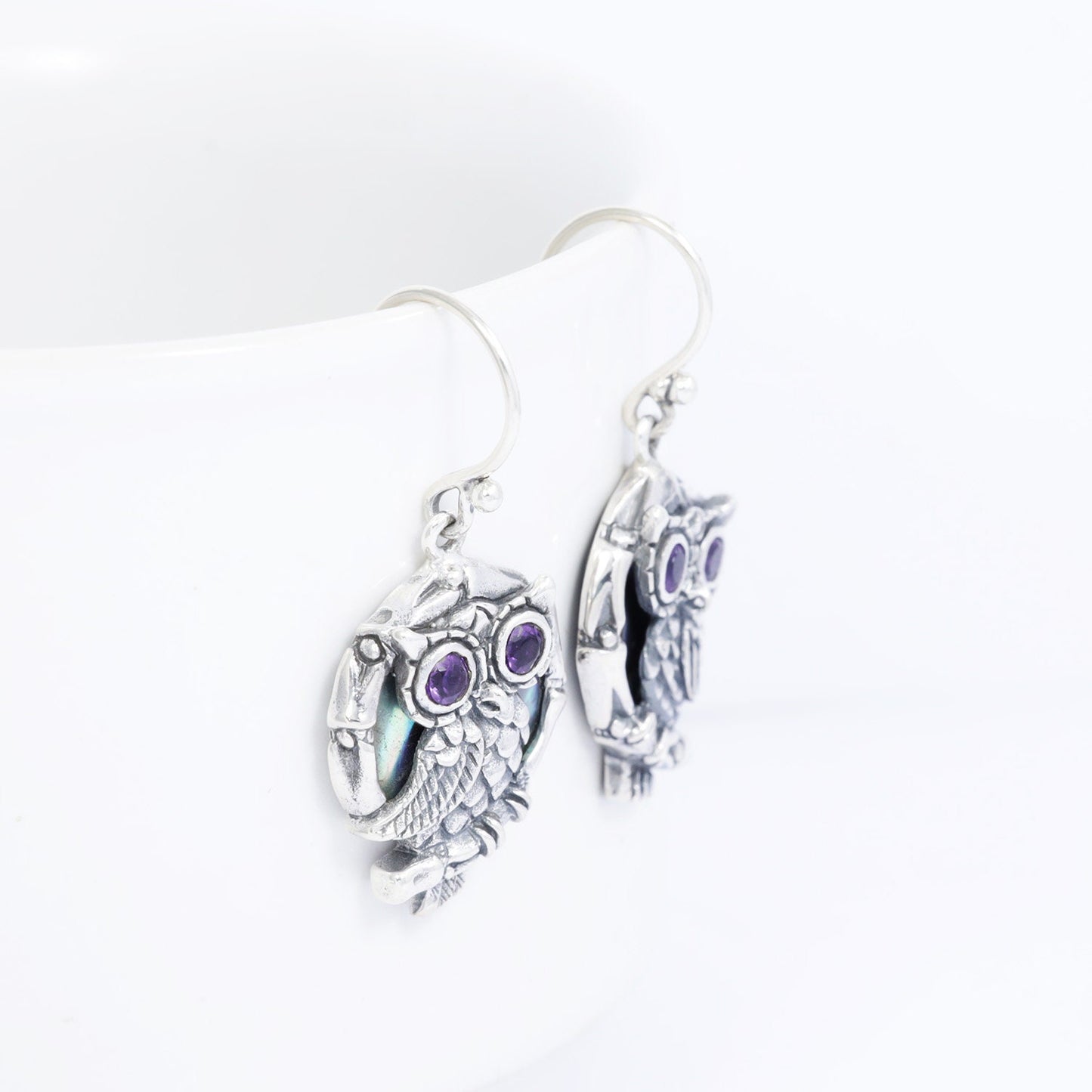 silver owl earrings 925 sterling silver with genuine amethyst and abalone shell