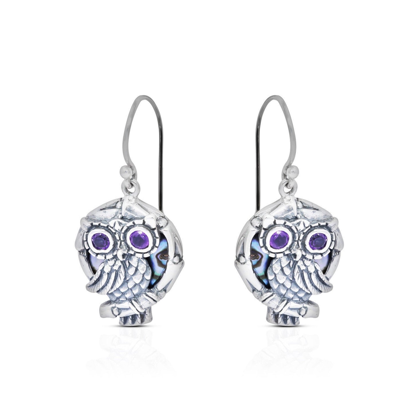 silver owl earrings 925 sterling silver with genuine amethyst and abalone shell