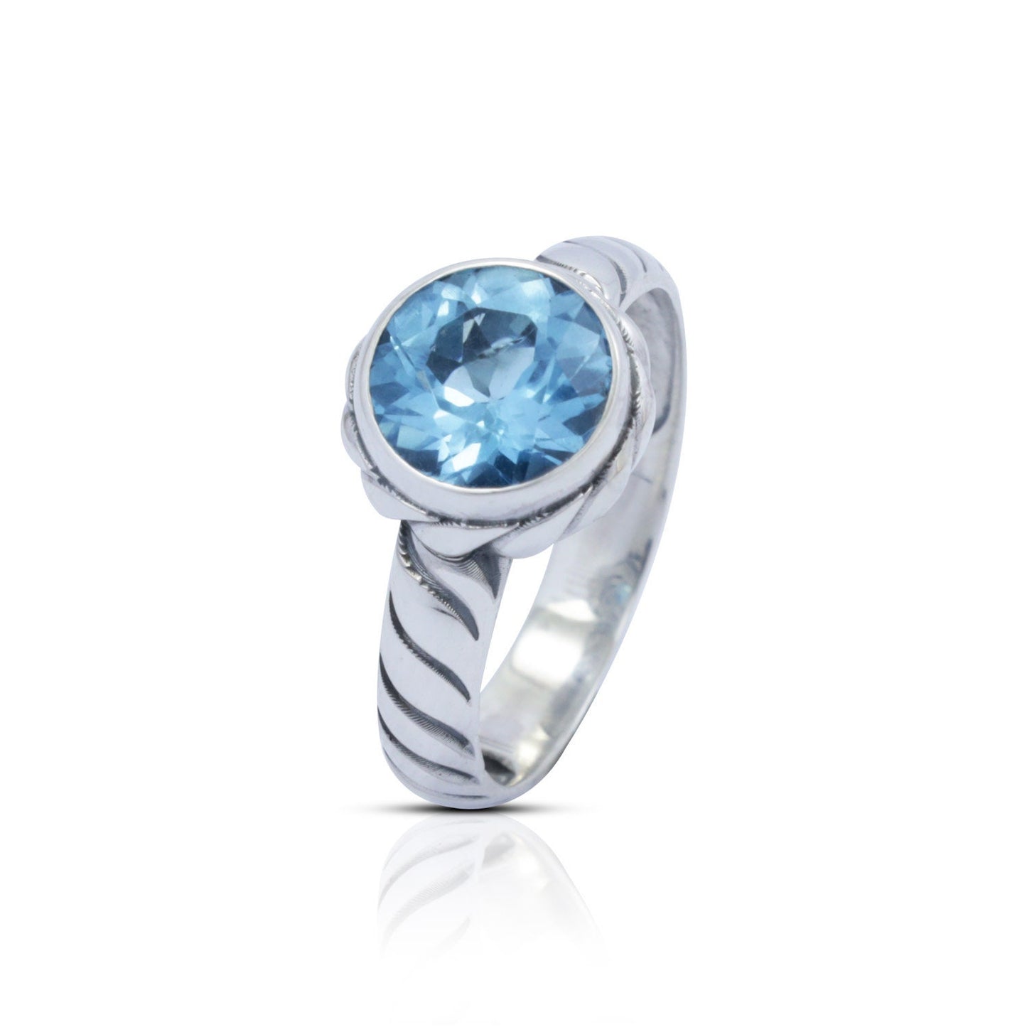 round blue topaz ring 925 sterling silver decorated with cable style ornament