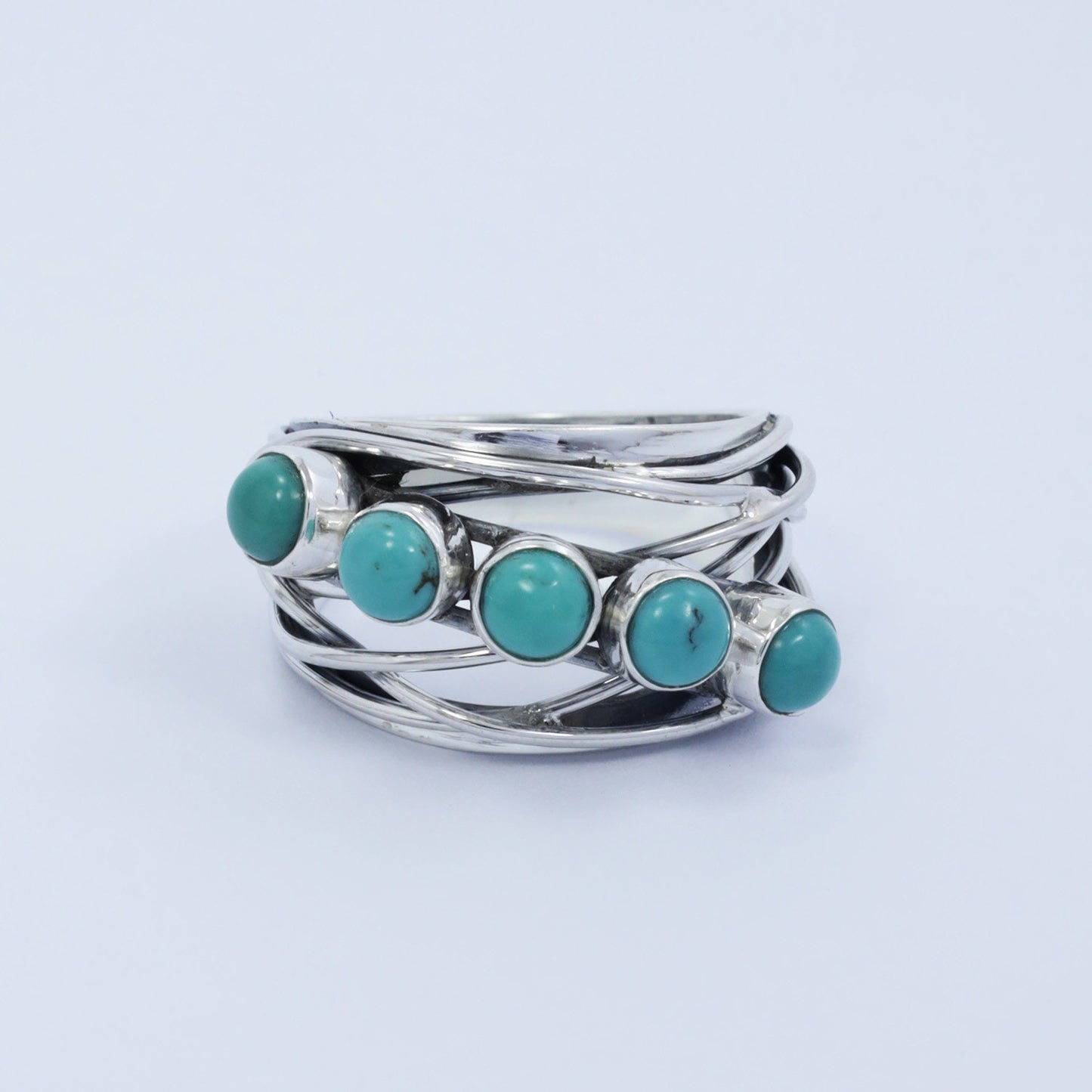 turquoise ring with woven style shank 925 sterling silver with genuine turquoise