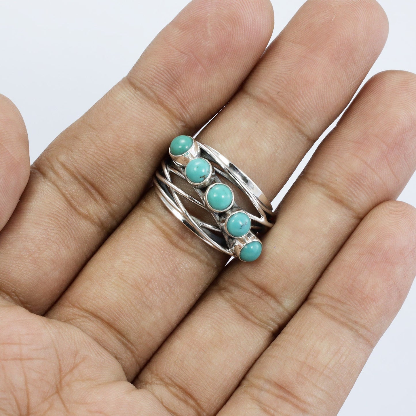 turquoise ring with woven style shank 925 sterling silver with genuine turquoise