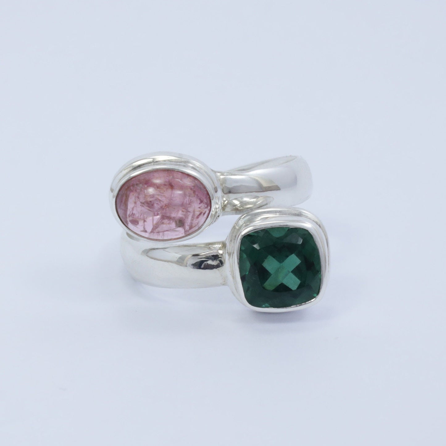 Bypass ring 925 sterling silver with genuine pink tourmaline and green quarts