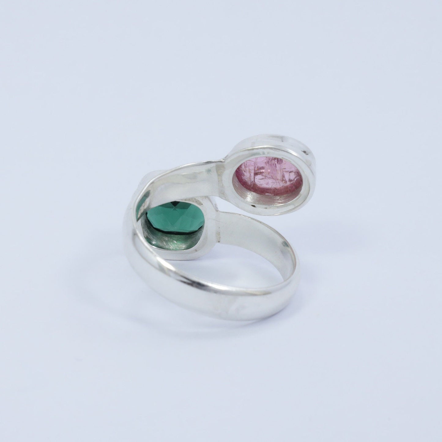 Bypass ring 925 sterling silver with genuine pink tourmaline and green quarts