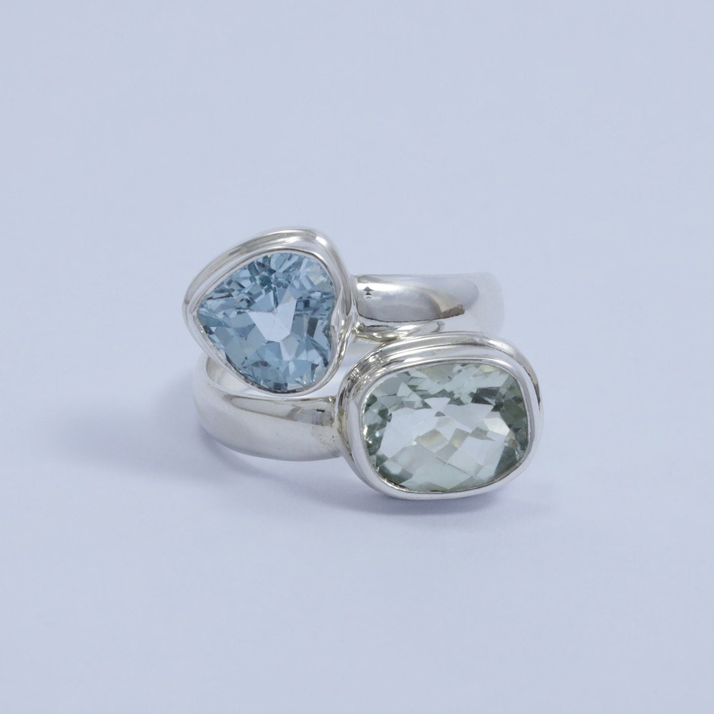 green amethyst ring 925 sterling silver bypass style with blue topaz