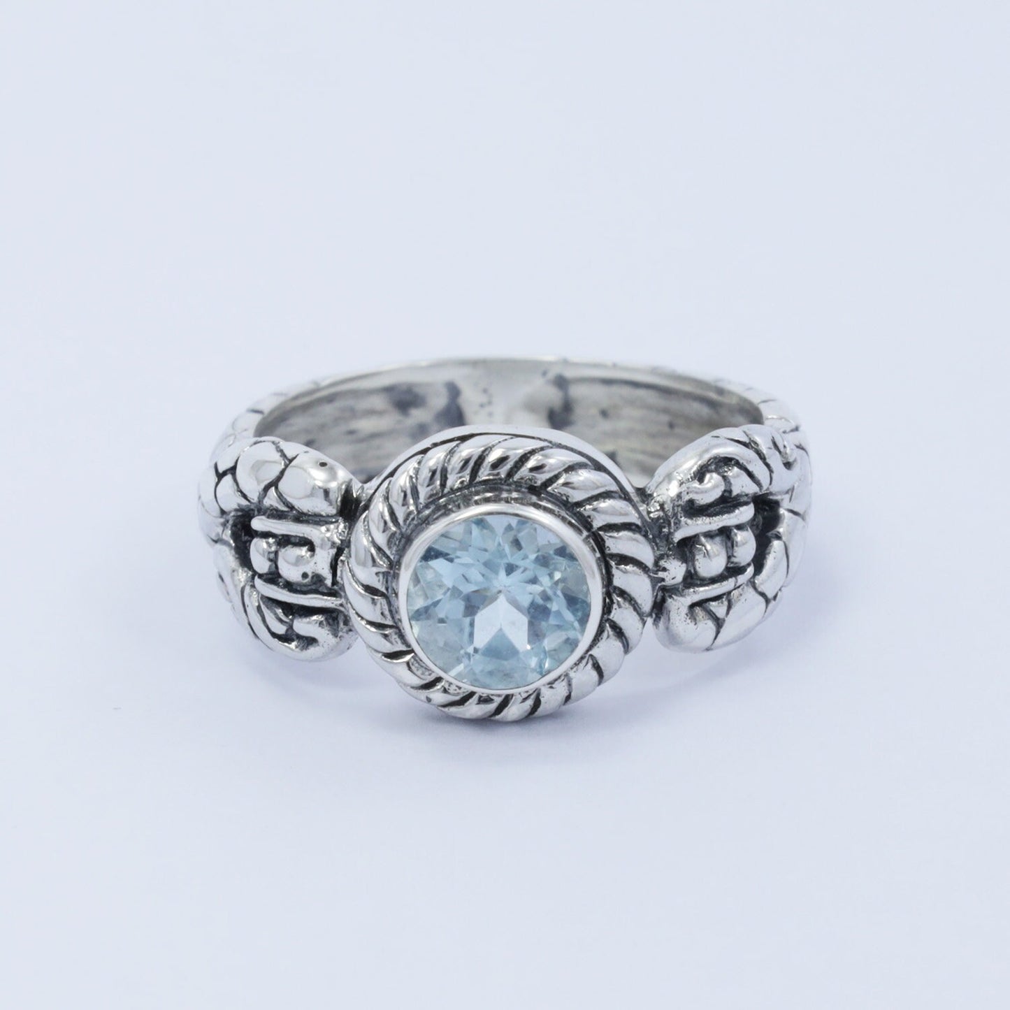 blue topaz ring 925 sterling silver decorated with cable style ornament filigree