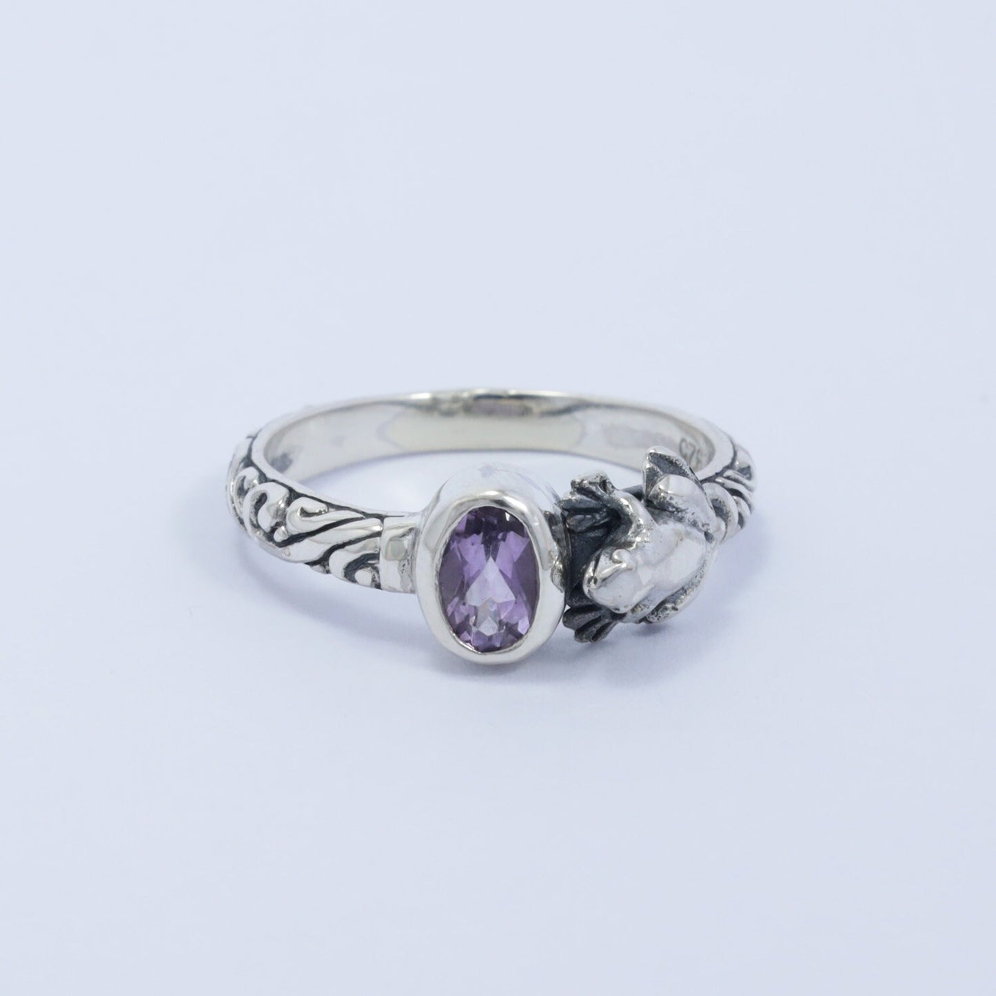 frog ring 925 sterling silver with cable style ornament and genuine amethyst
