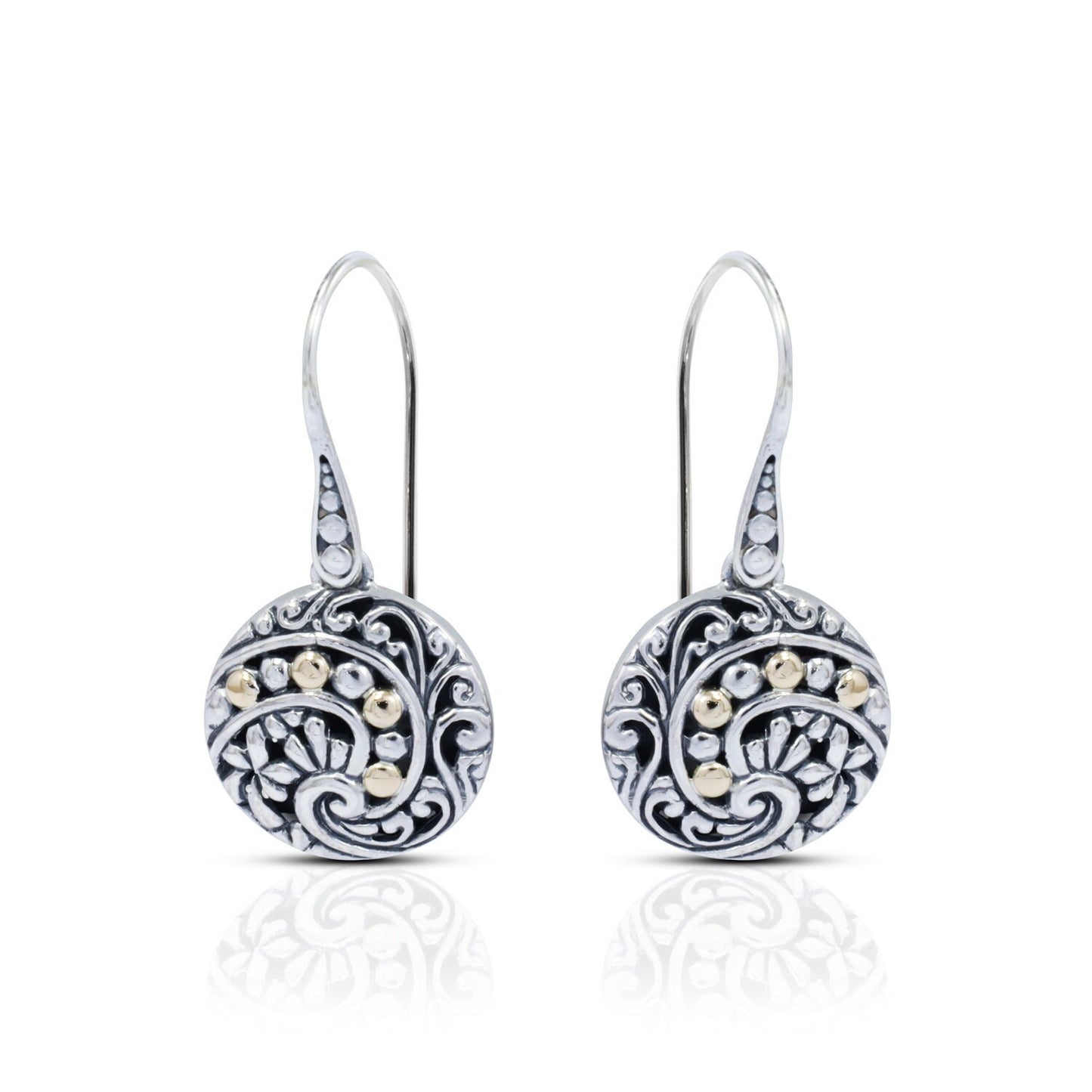 circle earrings 925 sterling silver decorated with open work filigree ornament and 18K yellow gold