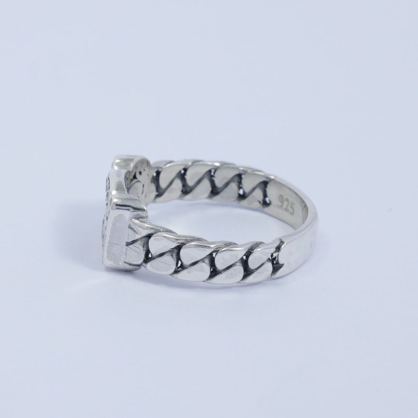 chain ring 925 sterling silver with filigree ornament and white crystal micro setting