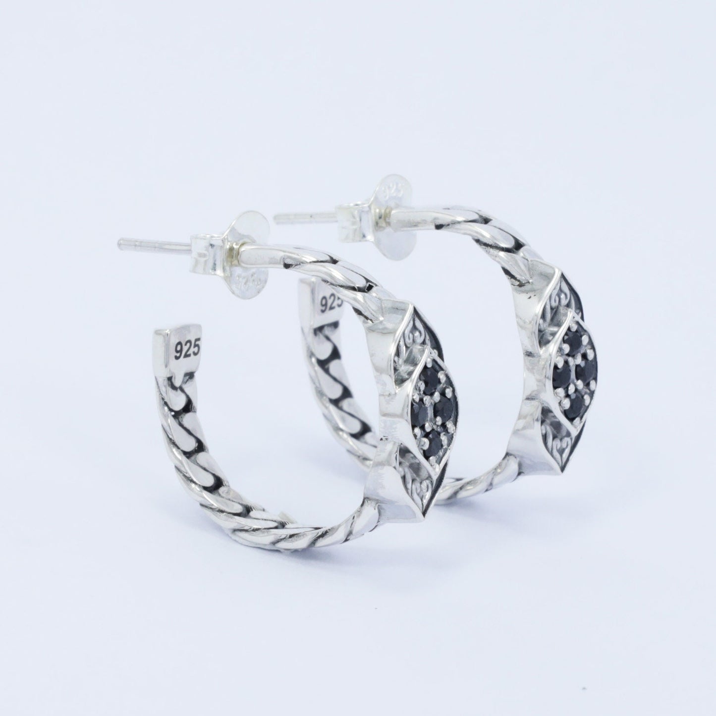 earrings hoop 925 sterling silver with chain style and black spinel leaf ornament