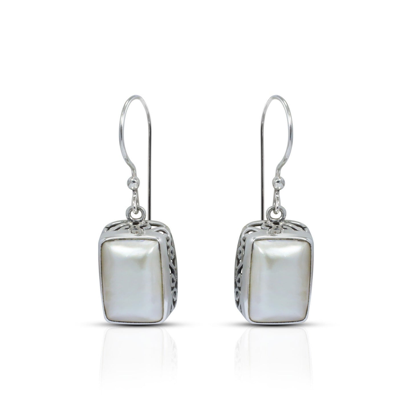 square pearl earrings dangle drop 925 sterling silver decorated with swirl filigree ornament