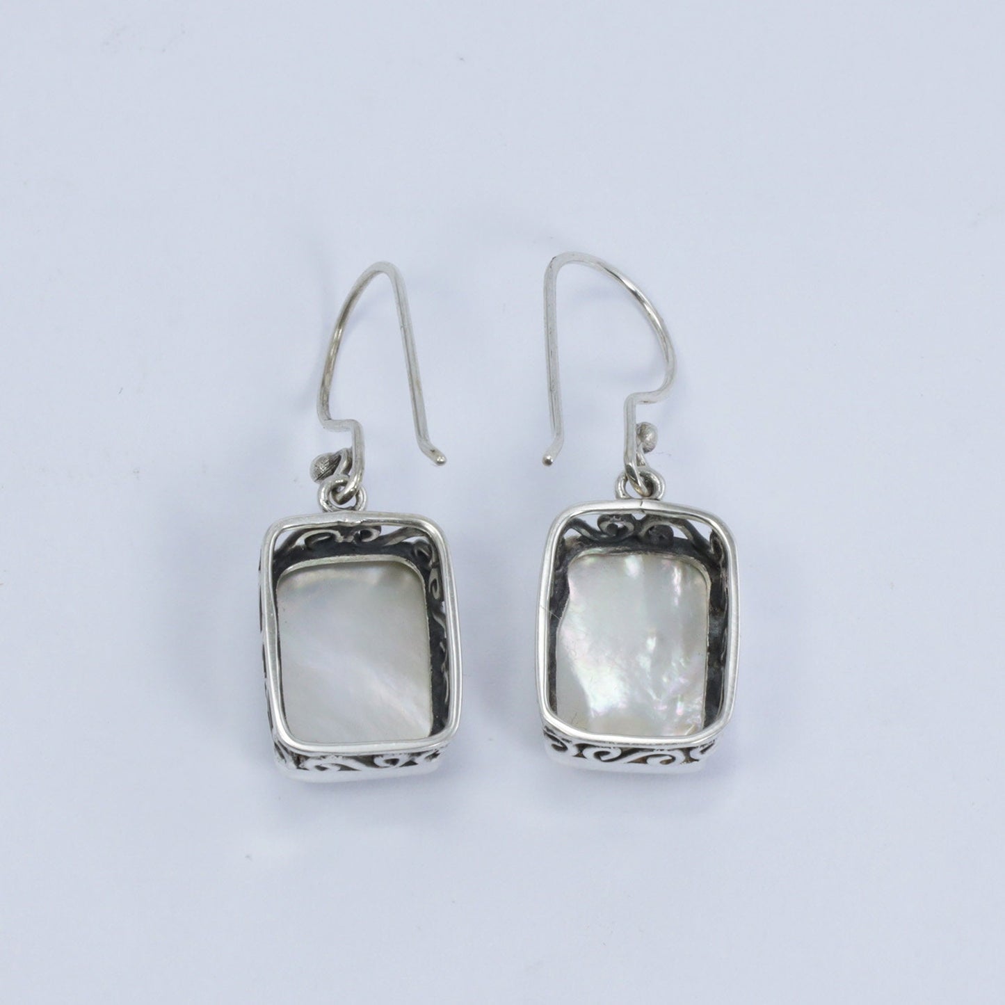 square pearl earrings dangle drop 925 sterling silver decorated with swirl filigree ornament