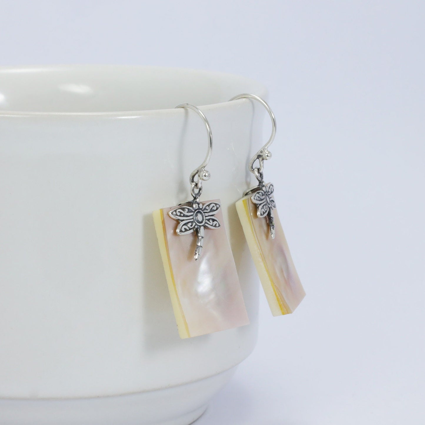 dragonfly earrings dangle 925 sterling silver with genuine blister shell