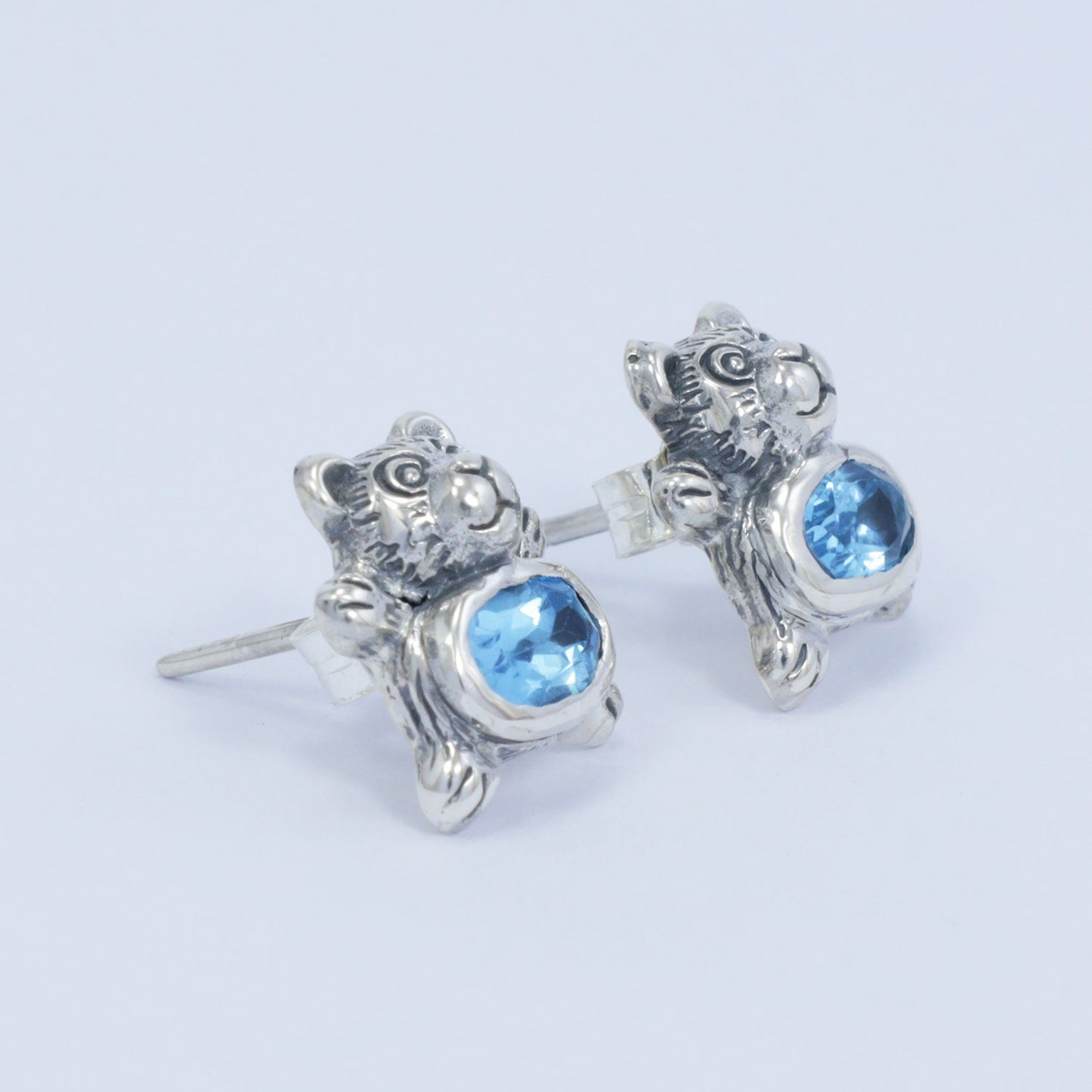 silver bear stud earrings 925 sterling silver with genuine blue topaz and antique finishing