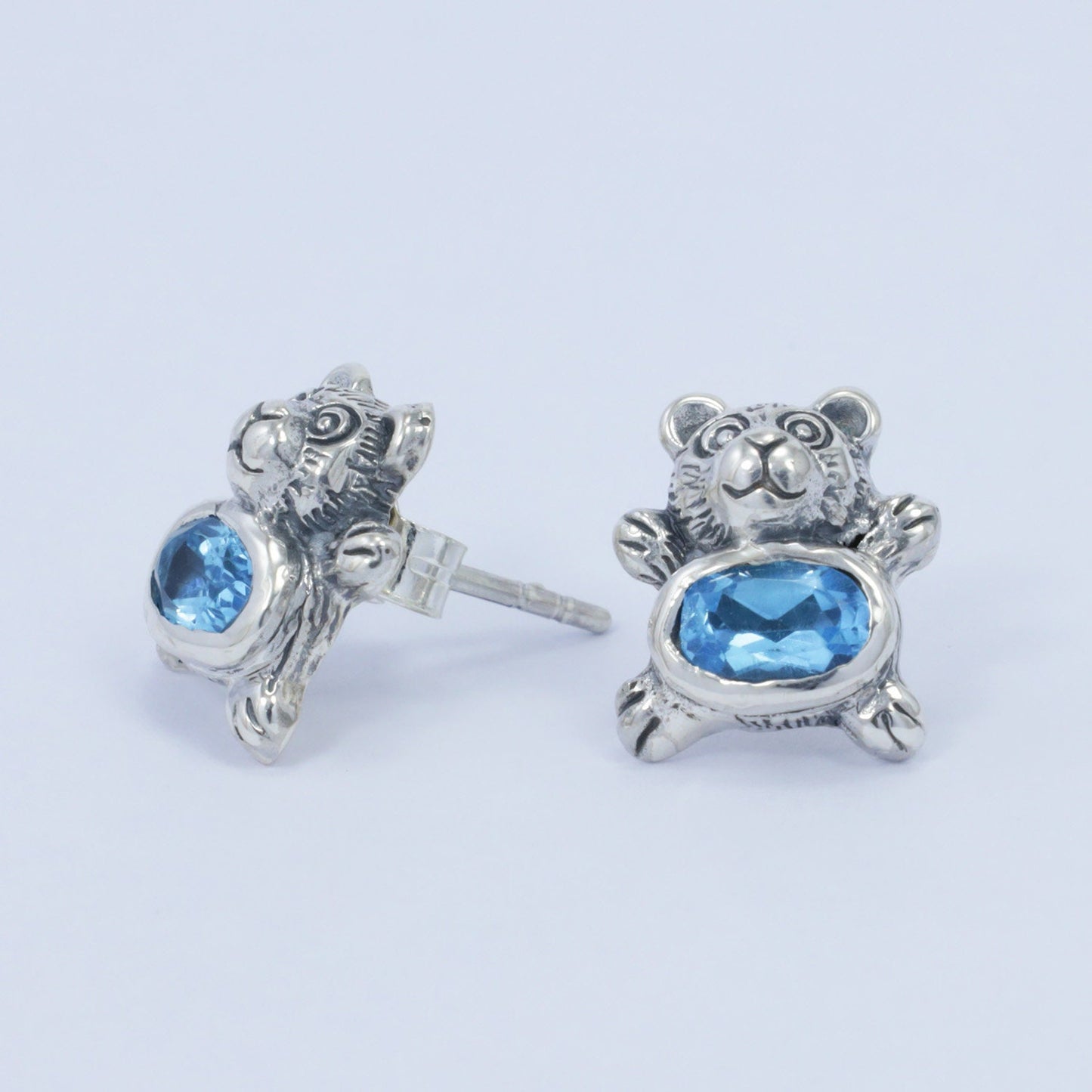 silver bear stud earrings 925 sterling silver with genuine blue topaz and antique finishing