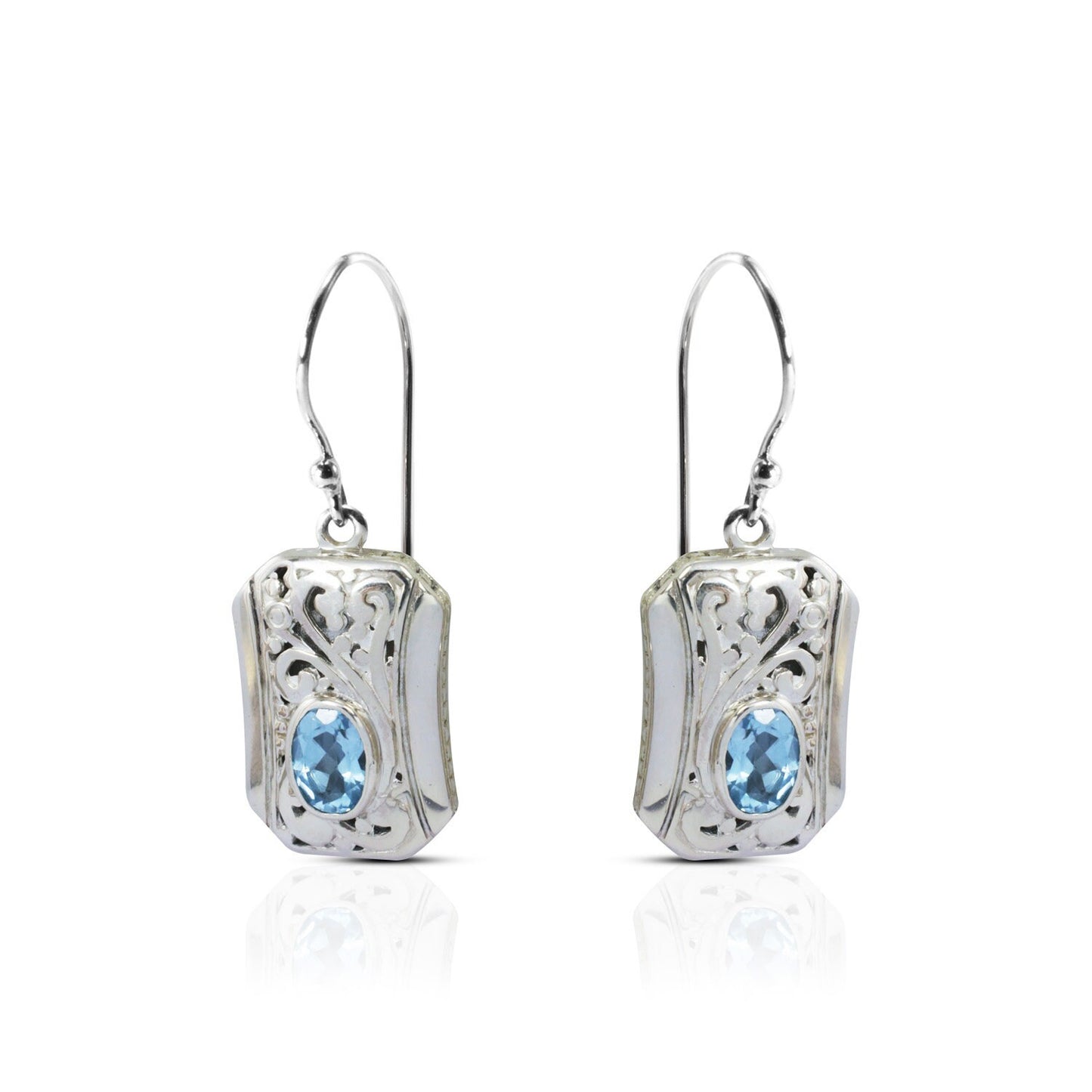 square earrings 925 sterling silver decorated with genuine blue topaz and open work filigree ornament