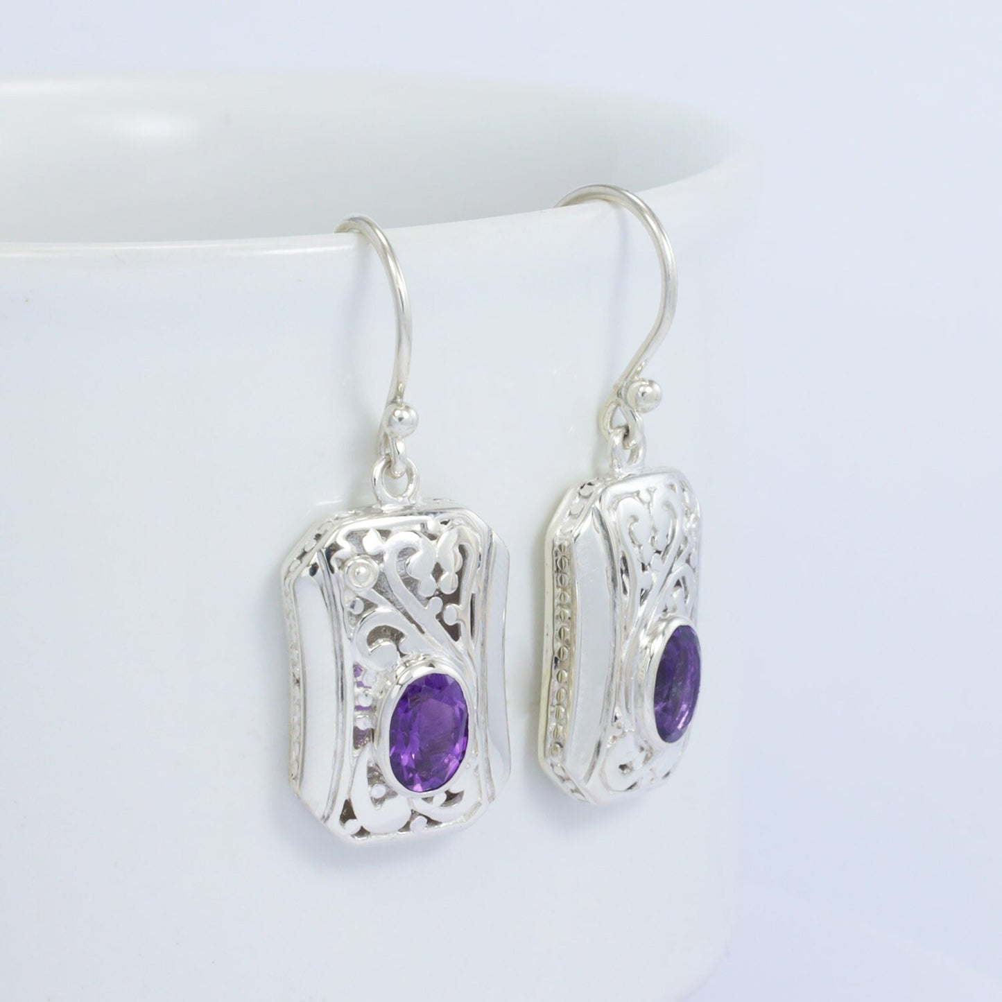 genuine amethyst earrings dangle 925 sterling silver decorated with open work filigree